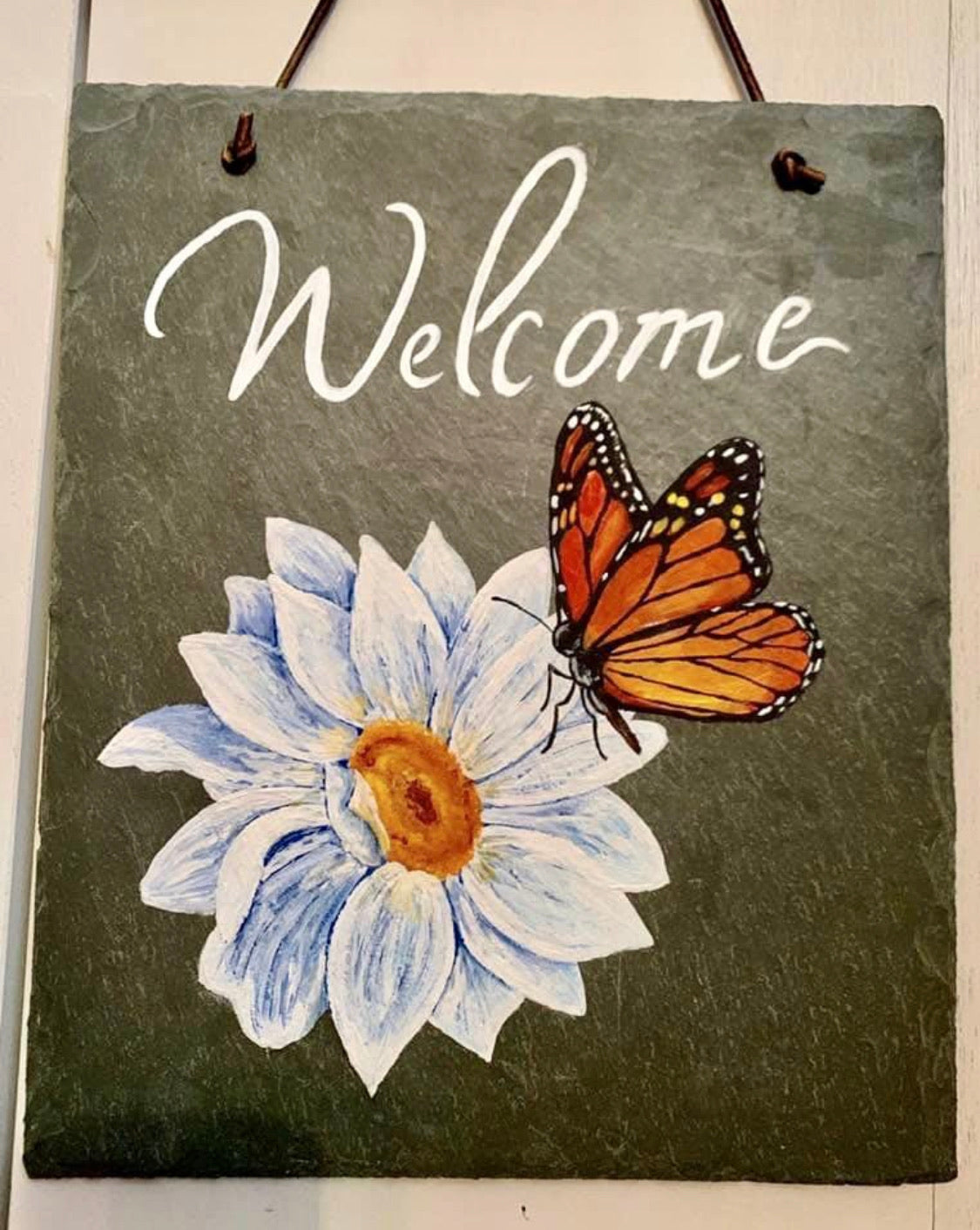 Slate Painting, Welcome Sign, Flower Bouquet, Monarch Butterfly