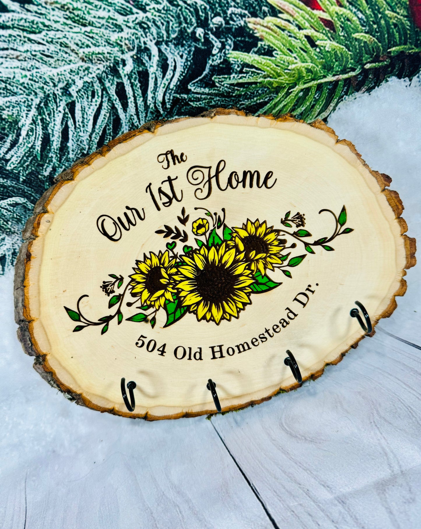 Our First Home Sunflower Key Hanger Live Edge Wooden Sign/Realtor Gifts/ Wedding Gifts