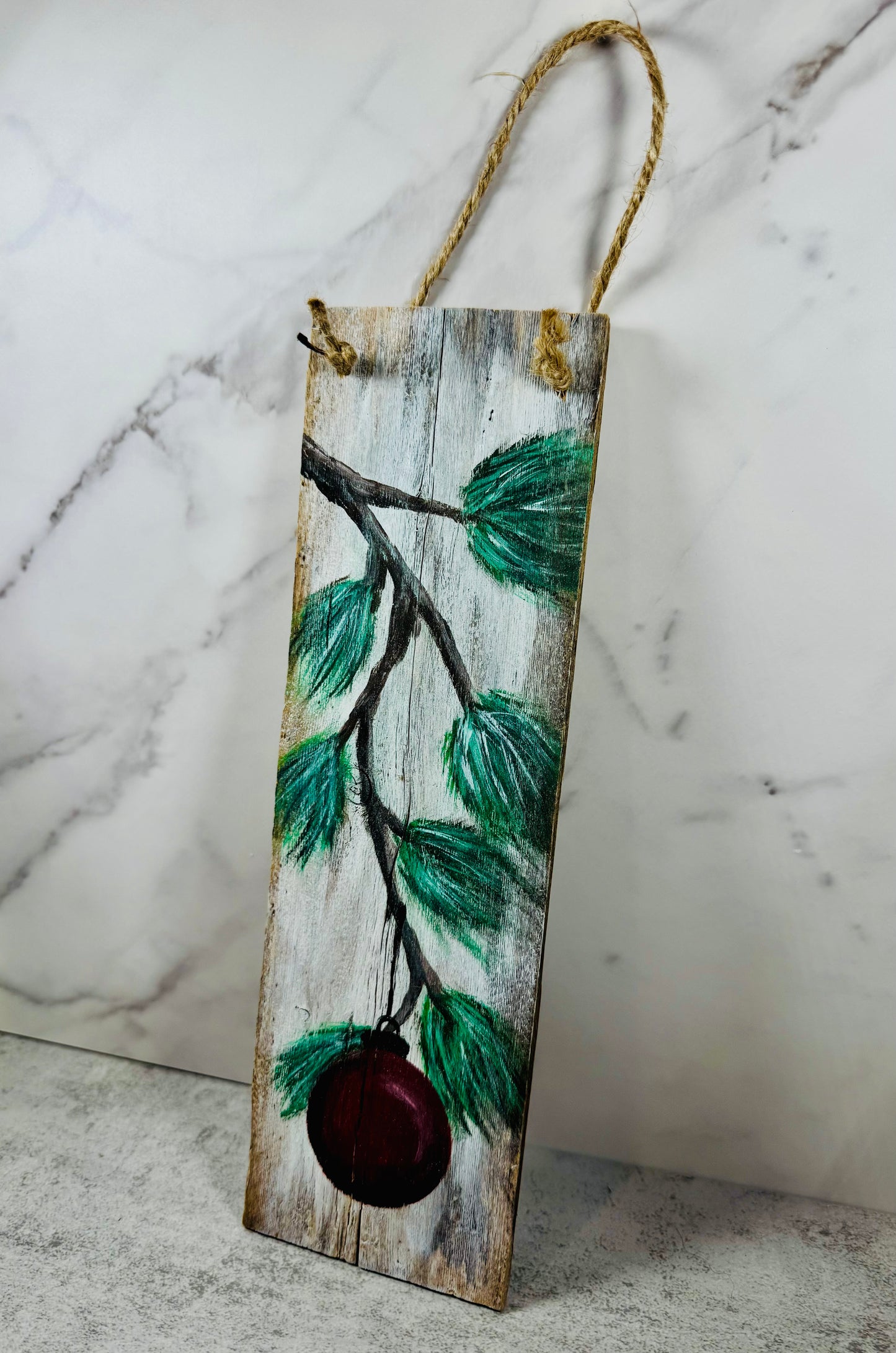Rustic Christmas décor| Hand-painted wooden holiday sign| Farmhouse pine branch with red ornament wall art | lHandmade reclaimed wood Christmas decoration| Perfect holiday gift