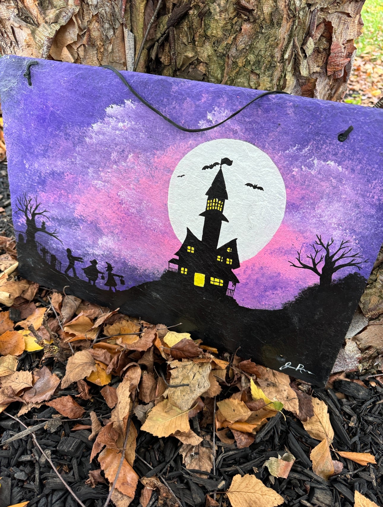 Haunted House Halloween Hand Painted Slate