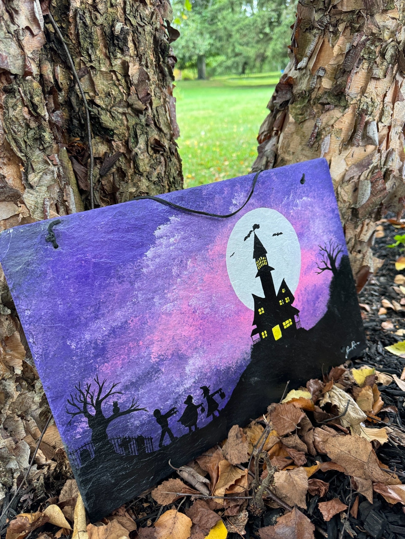 Haunted House Halloween Hand Painted Slate