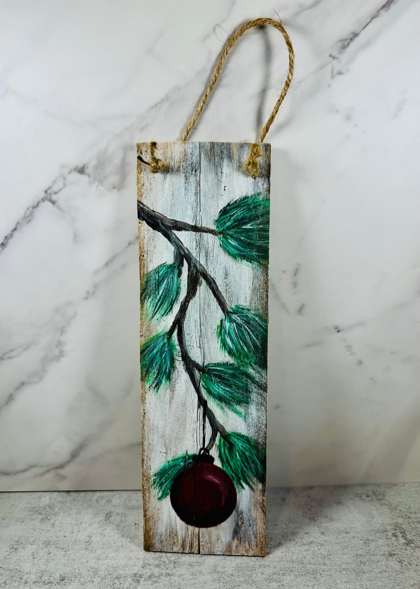 Rustic Christmas décor| Hand-painted wooden holiday sign| Farmhouse pine branch with red ornament wall art | lHandmade reclaimed wood Christmas decoration| Perfect holiday gift
