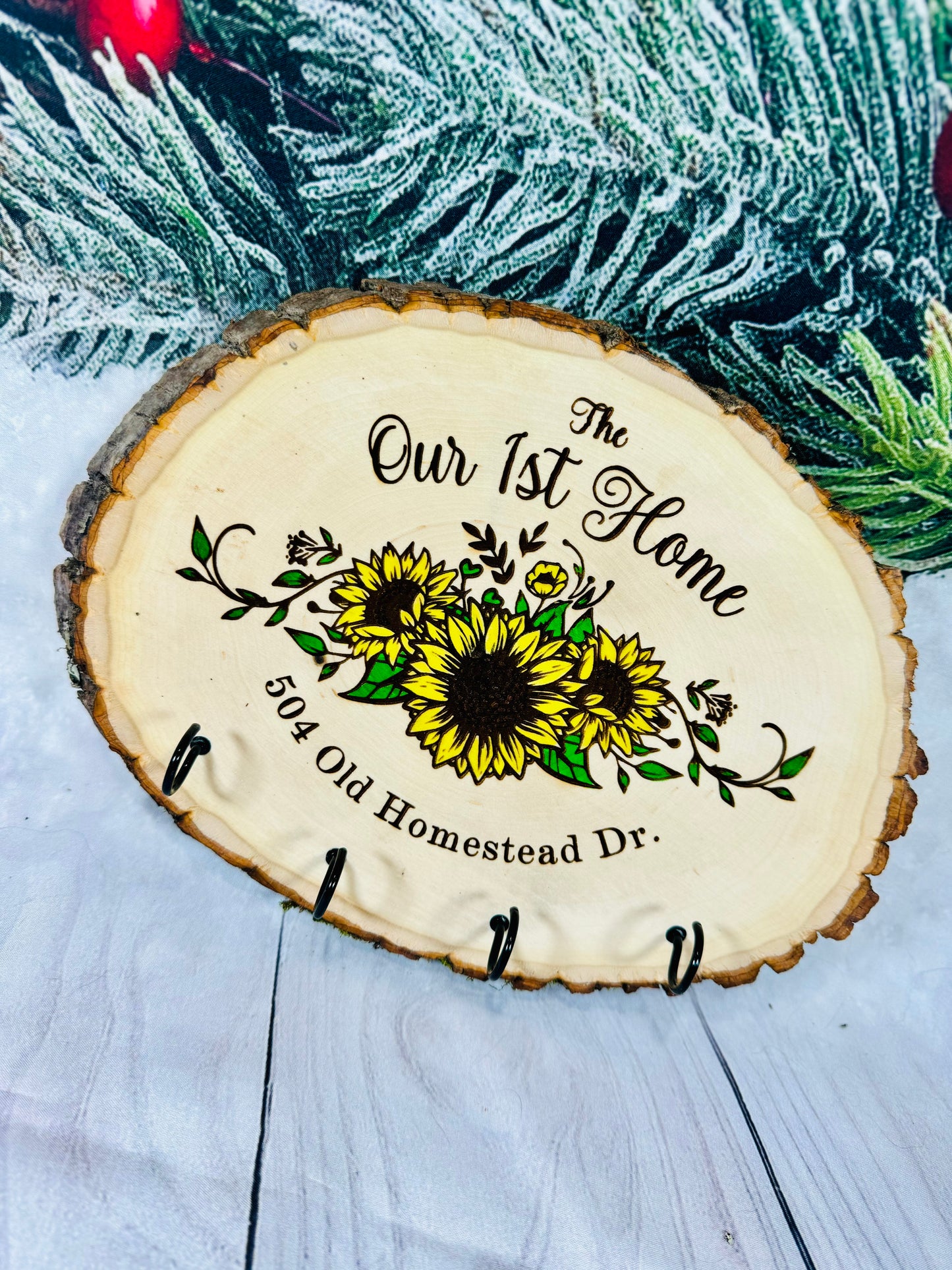 Our First Home Sunflower Key Hanger Live Edge Wooden Sign/Realtor Gifts/ Wedding Gifts