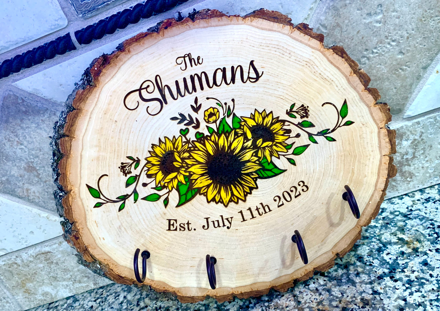 Personalized Sunflower Last Name Key Hanger Live Edge Wooden Sign/Realtor Gifts/ Wedding Gifts