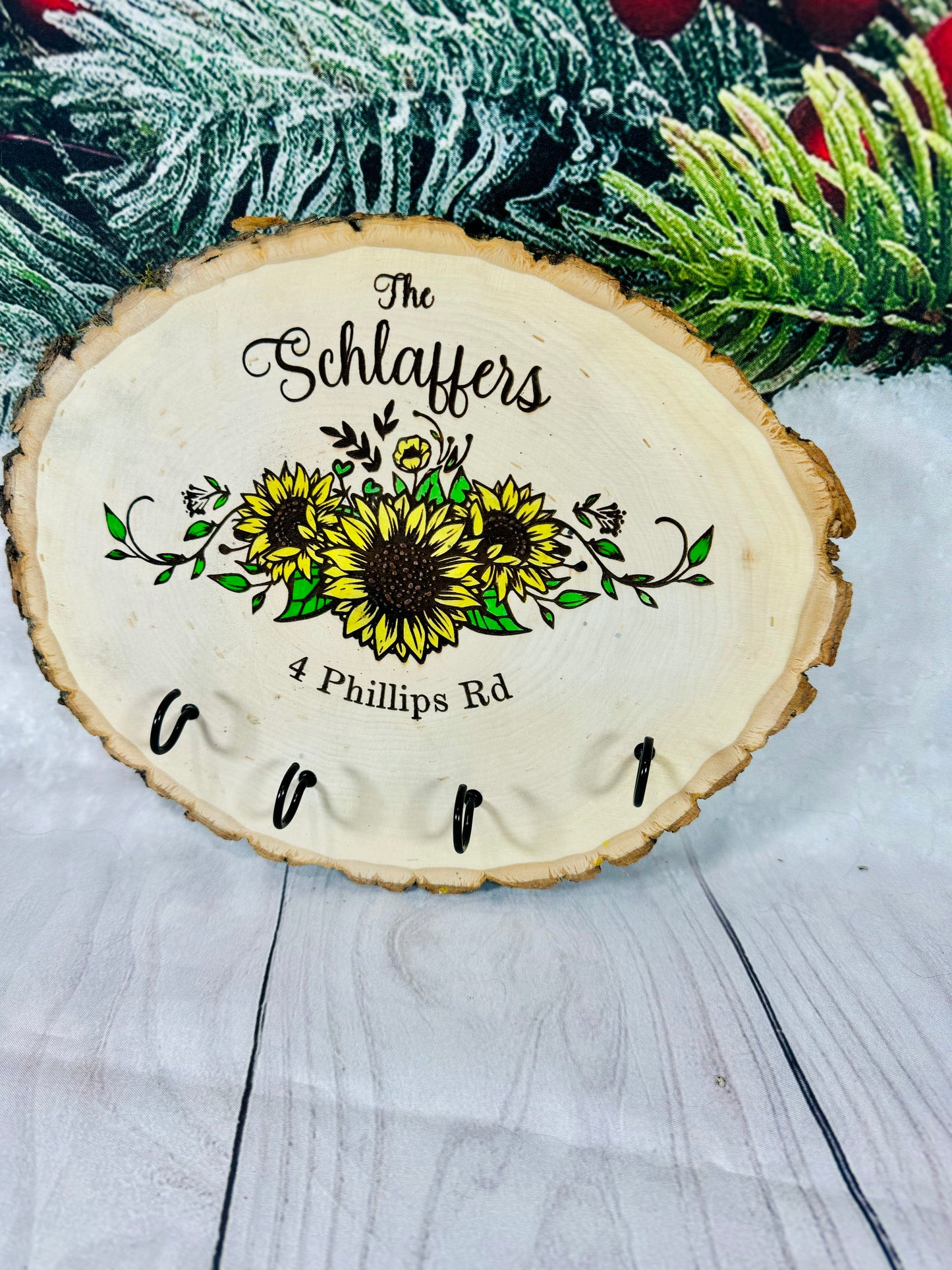Personalized Sunflower Last Name Key Hanger Live Edge Wooden Sign/Realtor Gifts/ Wedding Gifts