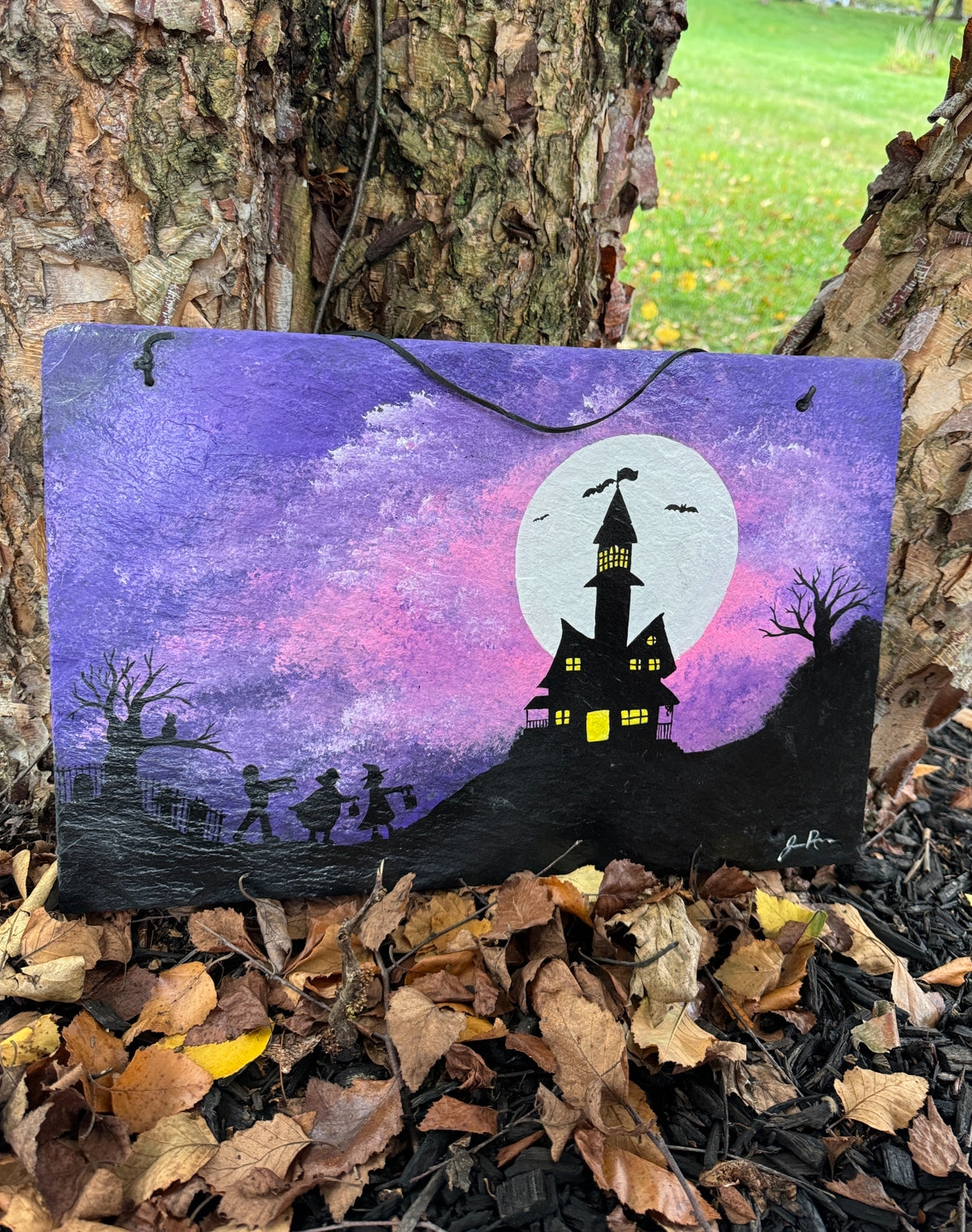 Haunted House Halloween Hand Painted Slate