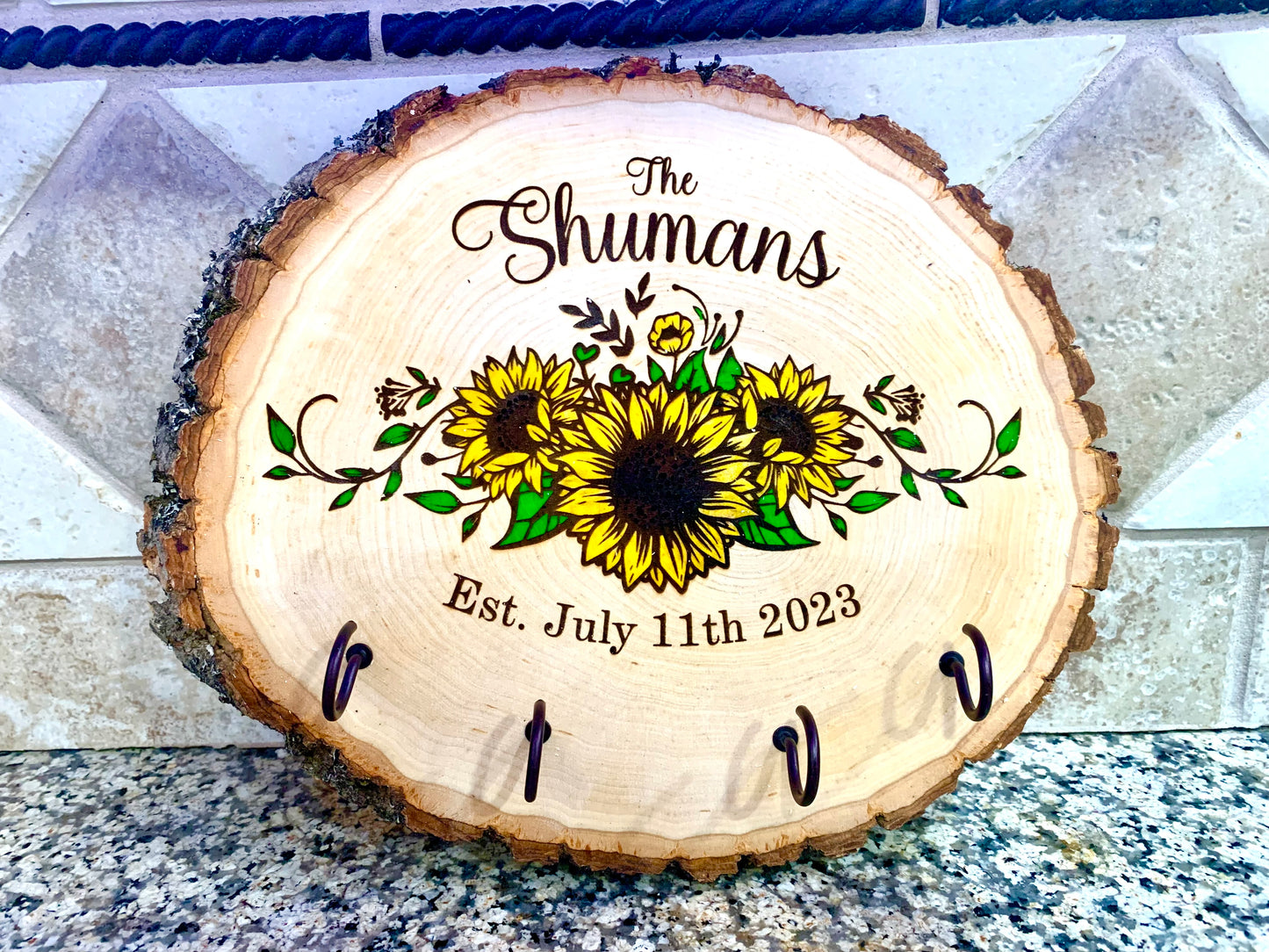 Personalized Sunflower Last Name Key Hanger Live Edge Wooden Sign/Realtor Gifts/ Wedding Gifts