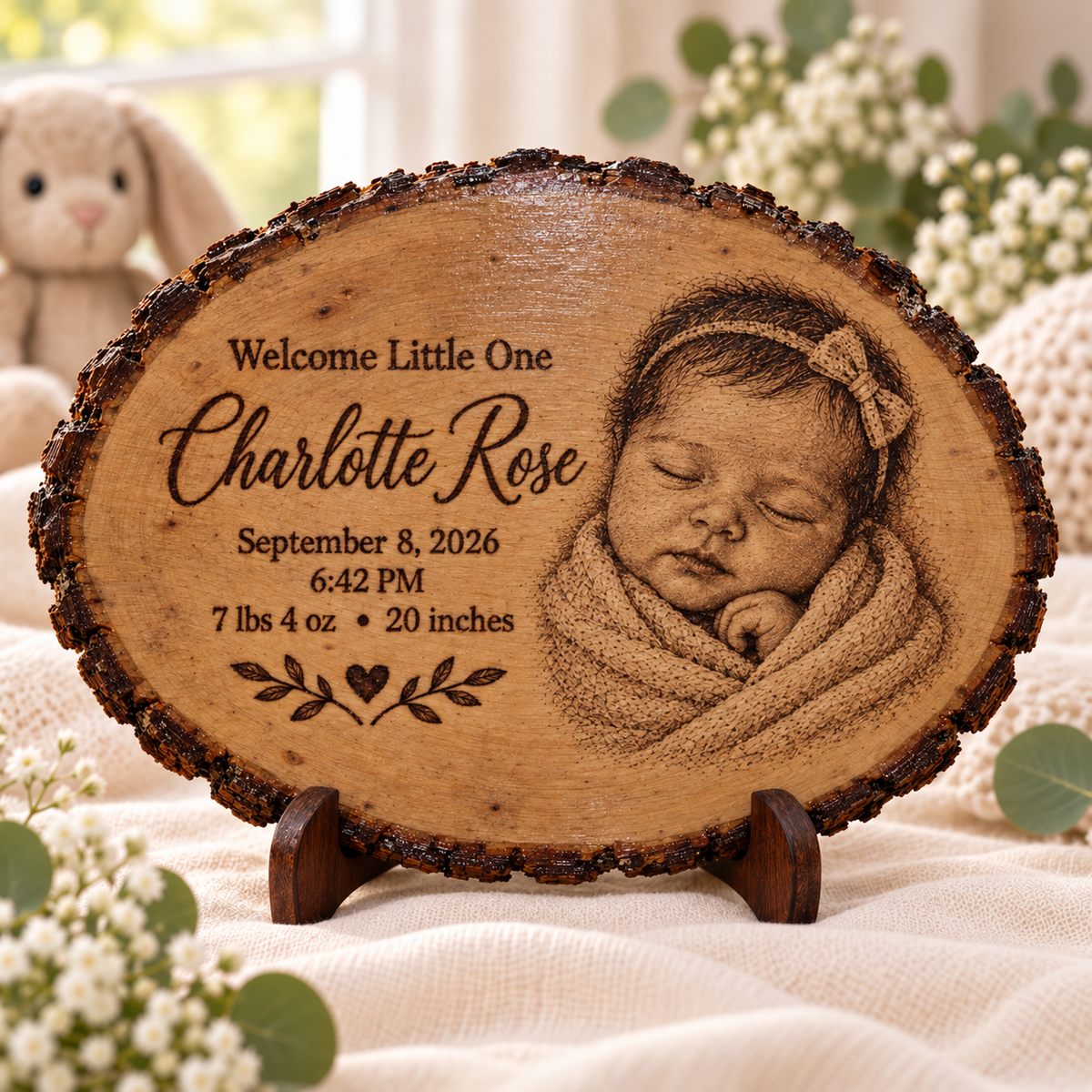 Personalized Newborn Baby Wood-Burned Plaque – Custom Birth Announcement Keepsake