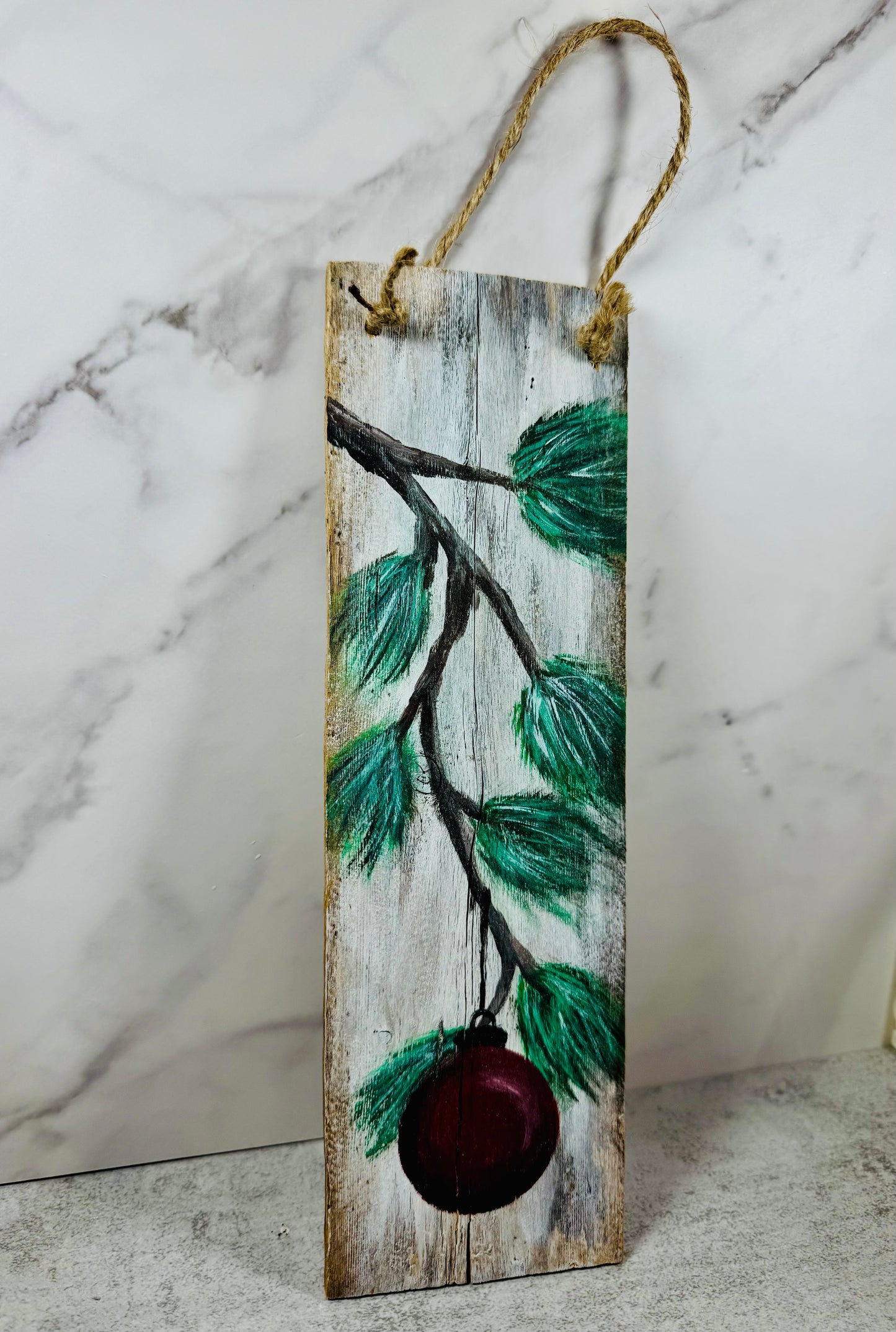 Rustic Christmas décor| Hand-painted wooden holiday sign| Farmhouse pine branch with red ornament wall art | lHandmade reclaimed wood Christmas decoration| Perfect holiday gift