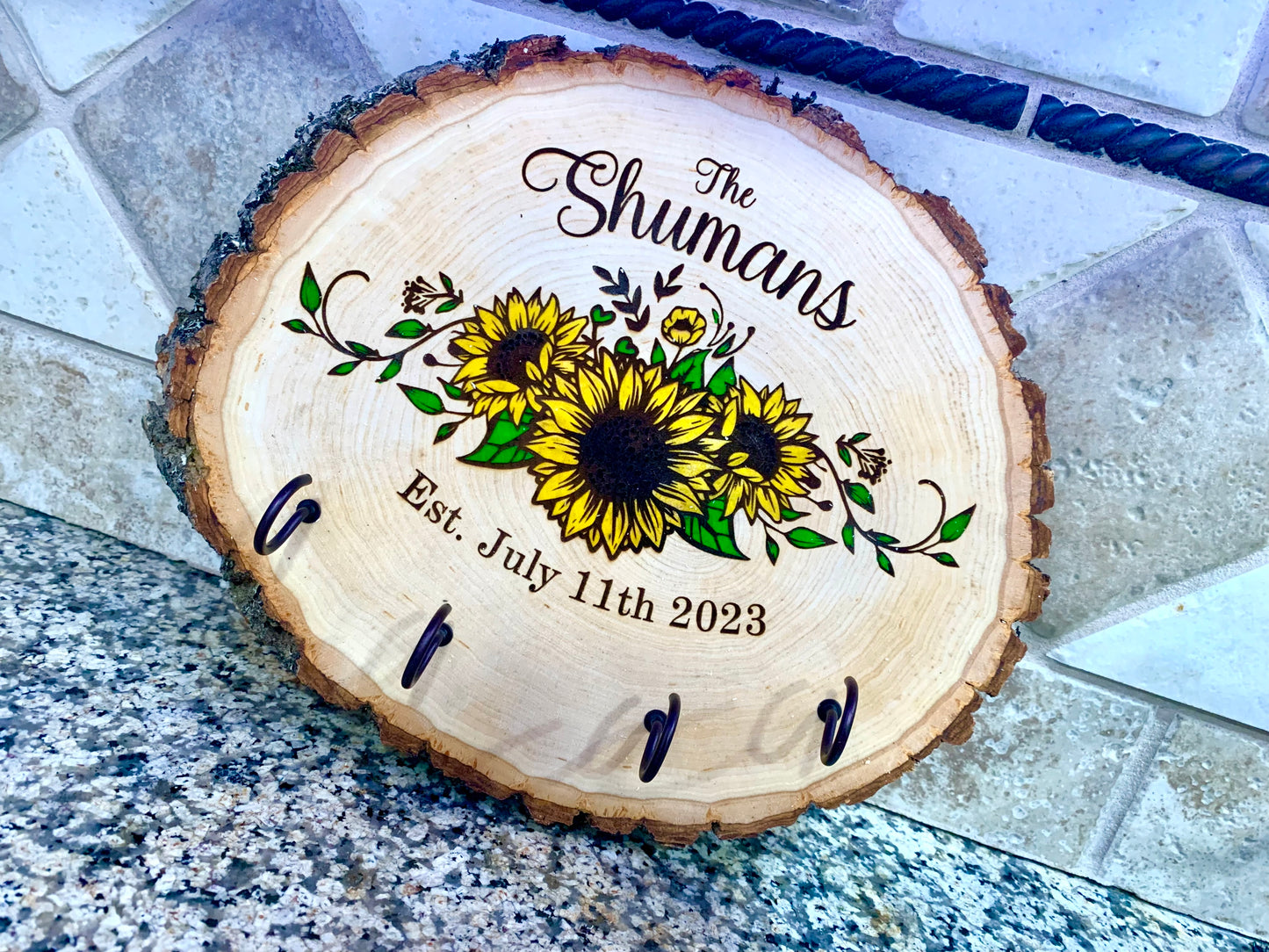 Personalized Sunflower Last Name Key Hanger Live Edge Wooden Sign/Realtor Gifts/ Wedding Gifts