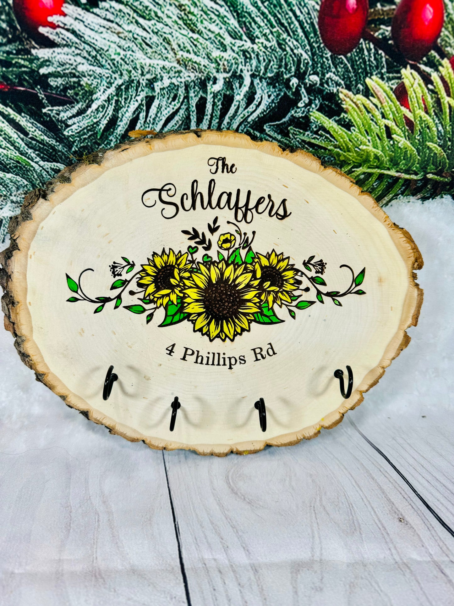 Personalized Sunflower Last Name Key Hanger Live Edge Wooden Sign/Realtor Gifts/ Wedding Gifts
