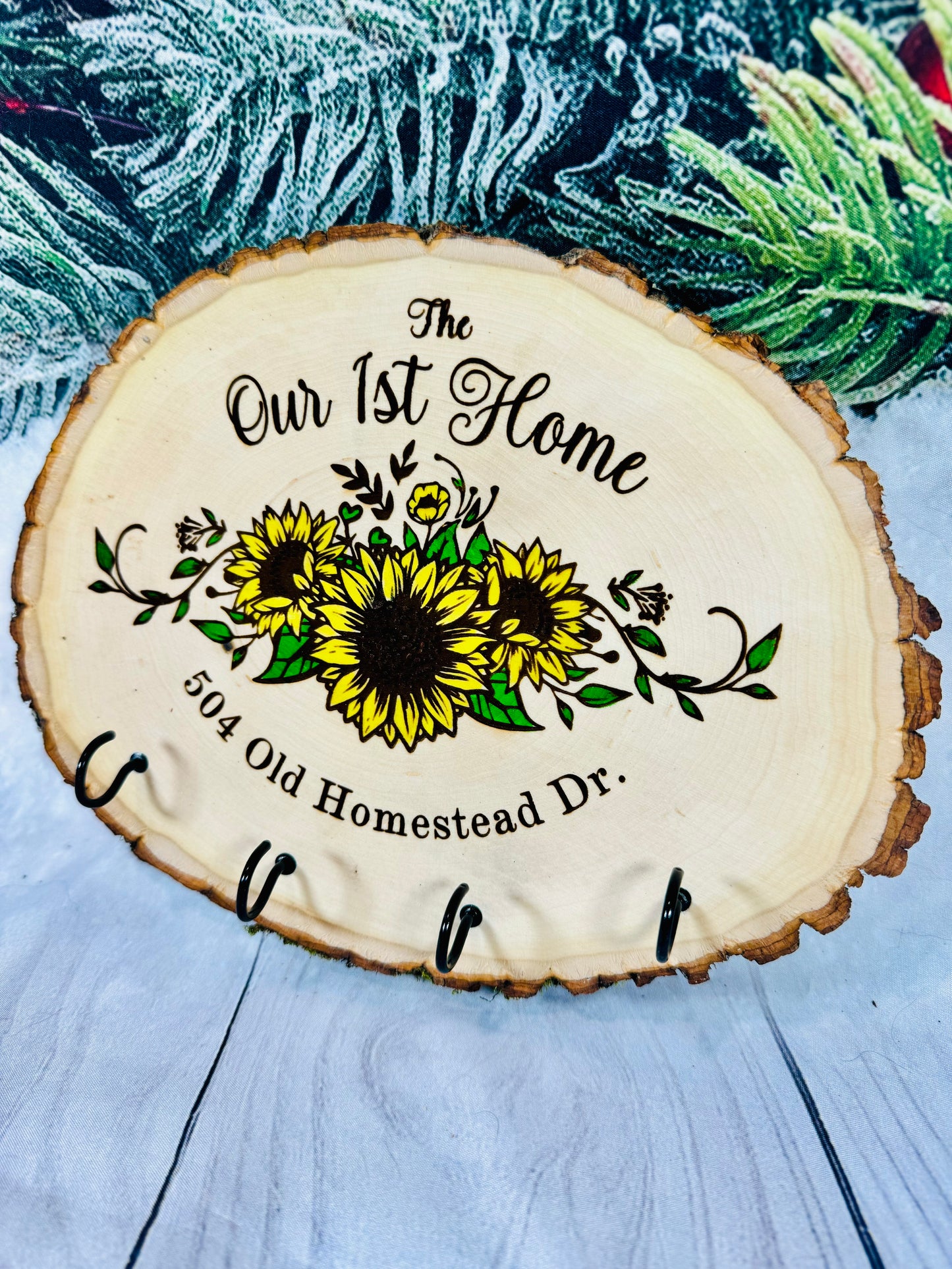 Our First Home Sunflower Key Hanger Live Edge Wooden Sign/Realtor Gifts/ Wedding Gifts