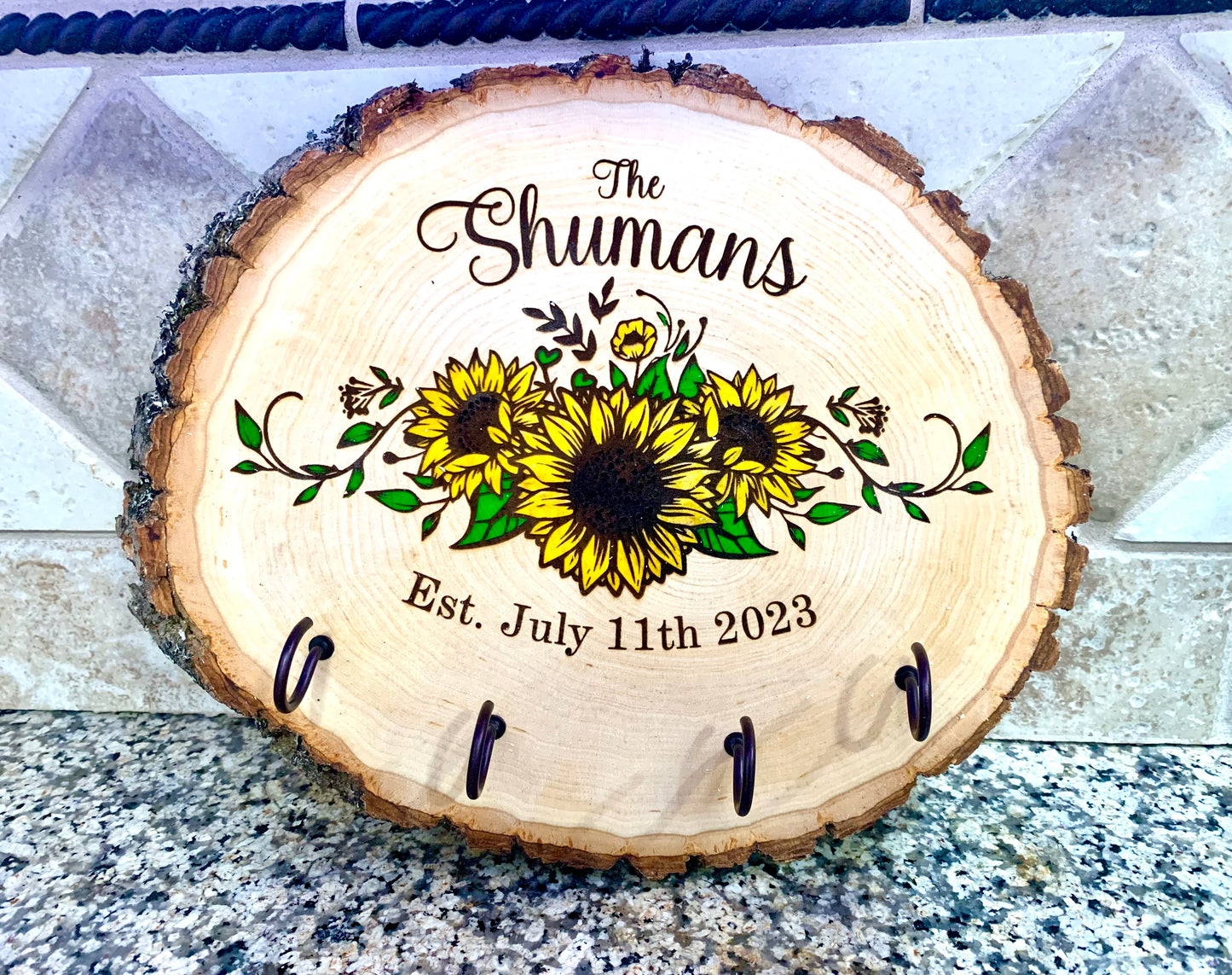 Personalized Sunflower Last Name Key Hanger Live Edge Wooden Sign/Realtor Gifts/ Wedding Gifts