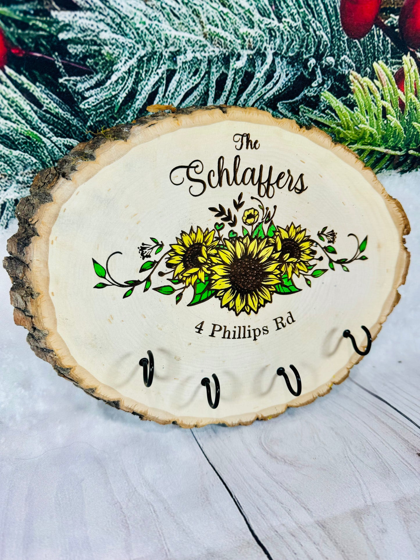 Personalized Sunflower Last Name Key Hanger Live Edge Wooden Sign/Realtor Gifts/ Wedding Gifts