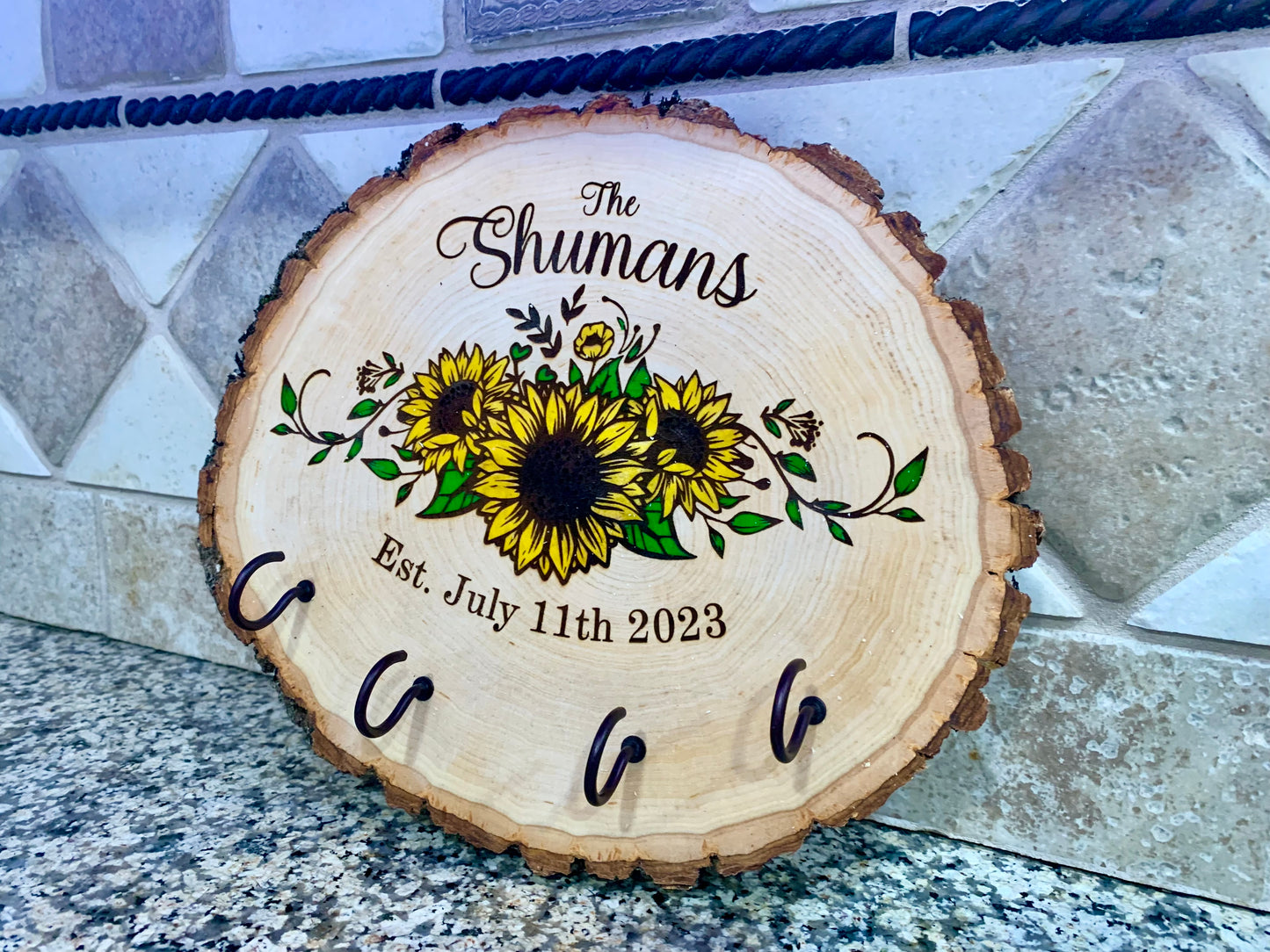 Personalized Sunflower Last Name Key Hanger Live Edge Wooden Sign/Realtor Gifts/ Wedding Gifts