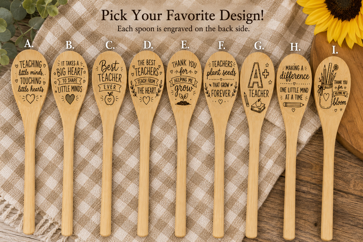 Personalized Teacher Wooden Spoon Gift – Laser Engraved Teacher Appreciation Kitchen Spoon – Choose Your Design