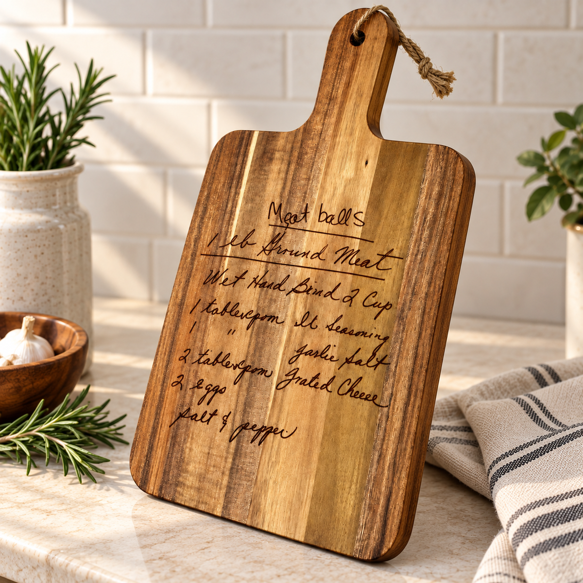 Custom Handwritten Recipe Cutting Board With Handle| Engraved Family Keepsake