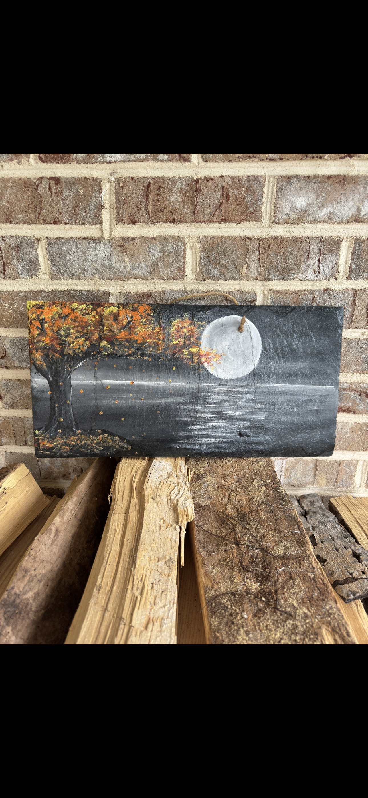 Hand Painted Fall Slate Painting Wall Art – Rustic Autumn Lake Cabin Decor – 18x9 Nature Landscape Artwork