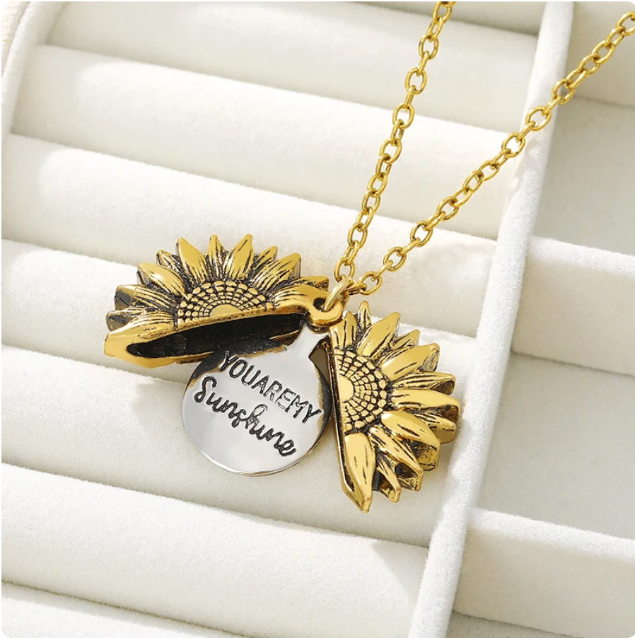 Vintage Open Locket Sunflower Necklace Engraved You Are My Sunshine Flower Floral Pendant Necklace Unique Party Jewelry Gifts