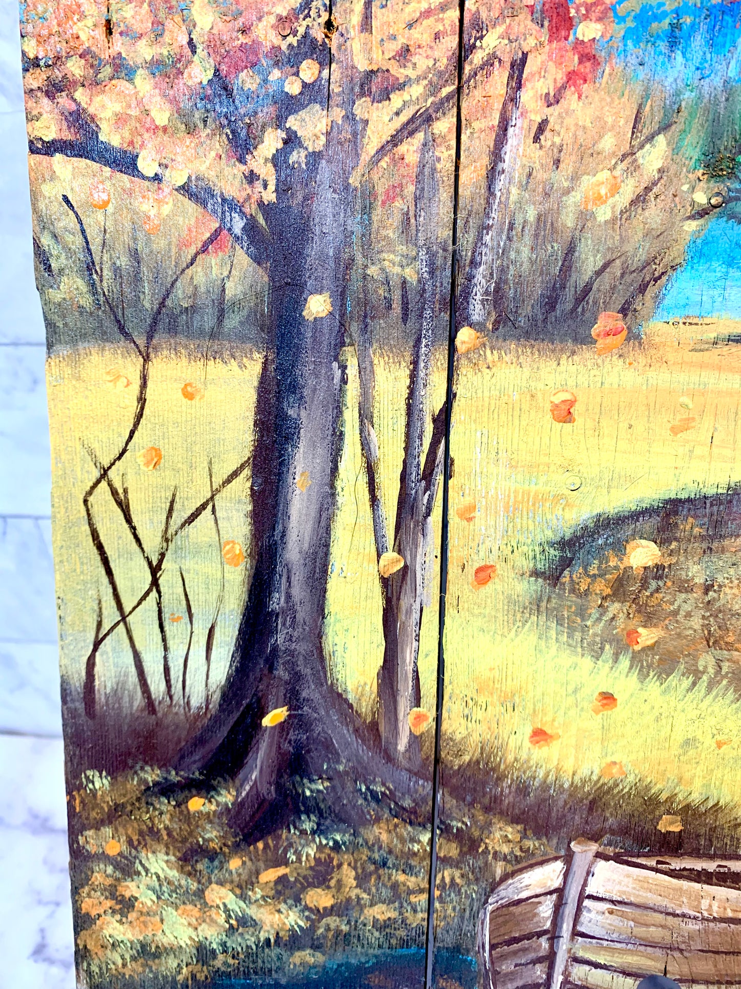 Autumn Boat Landscape Painted Wood Sign