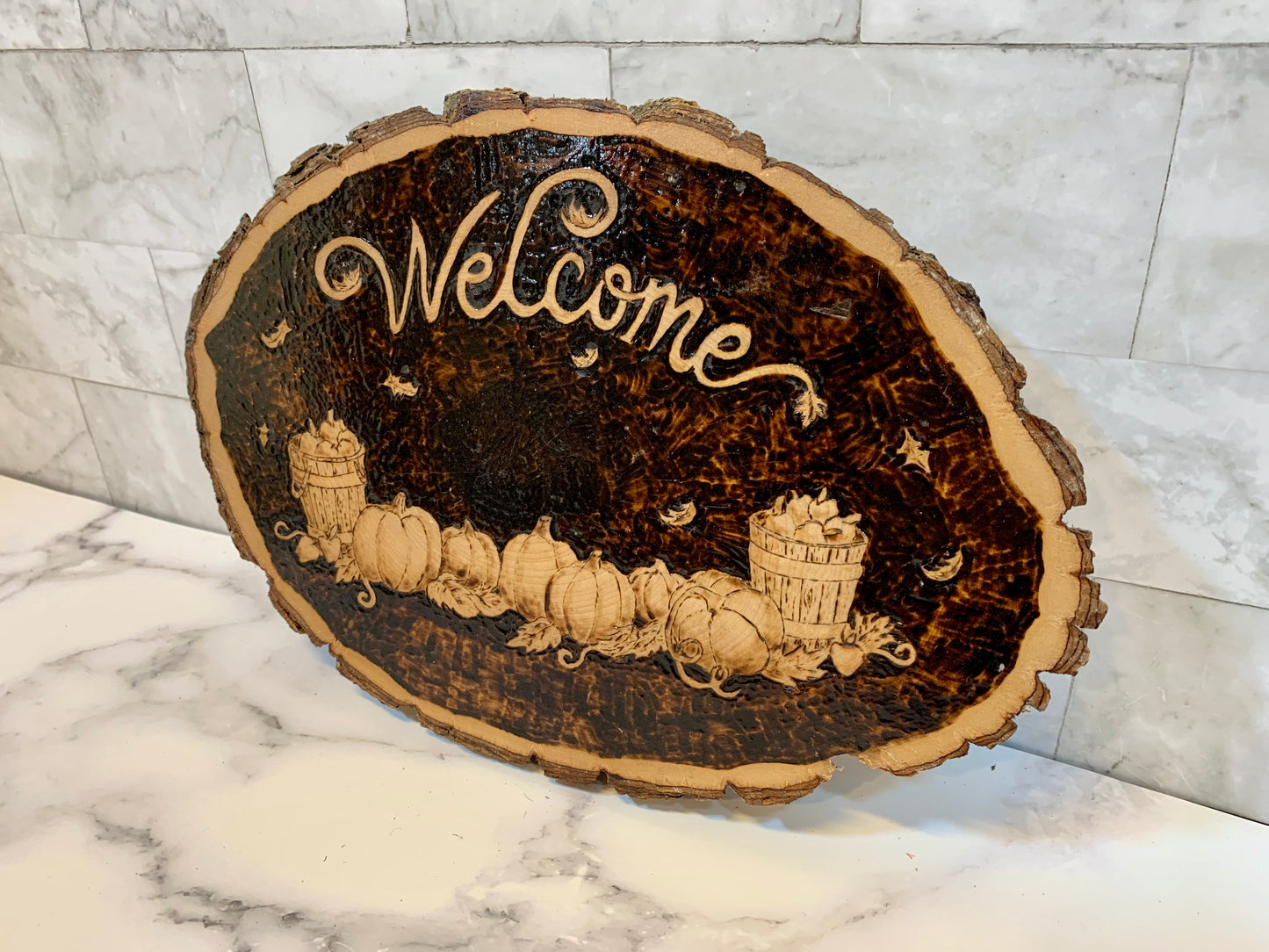 Welcome Autumn Pumpkin Live Edge Wood Sign - MixMatched Creations
