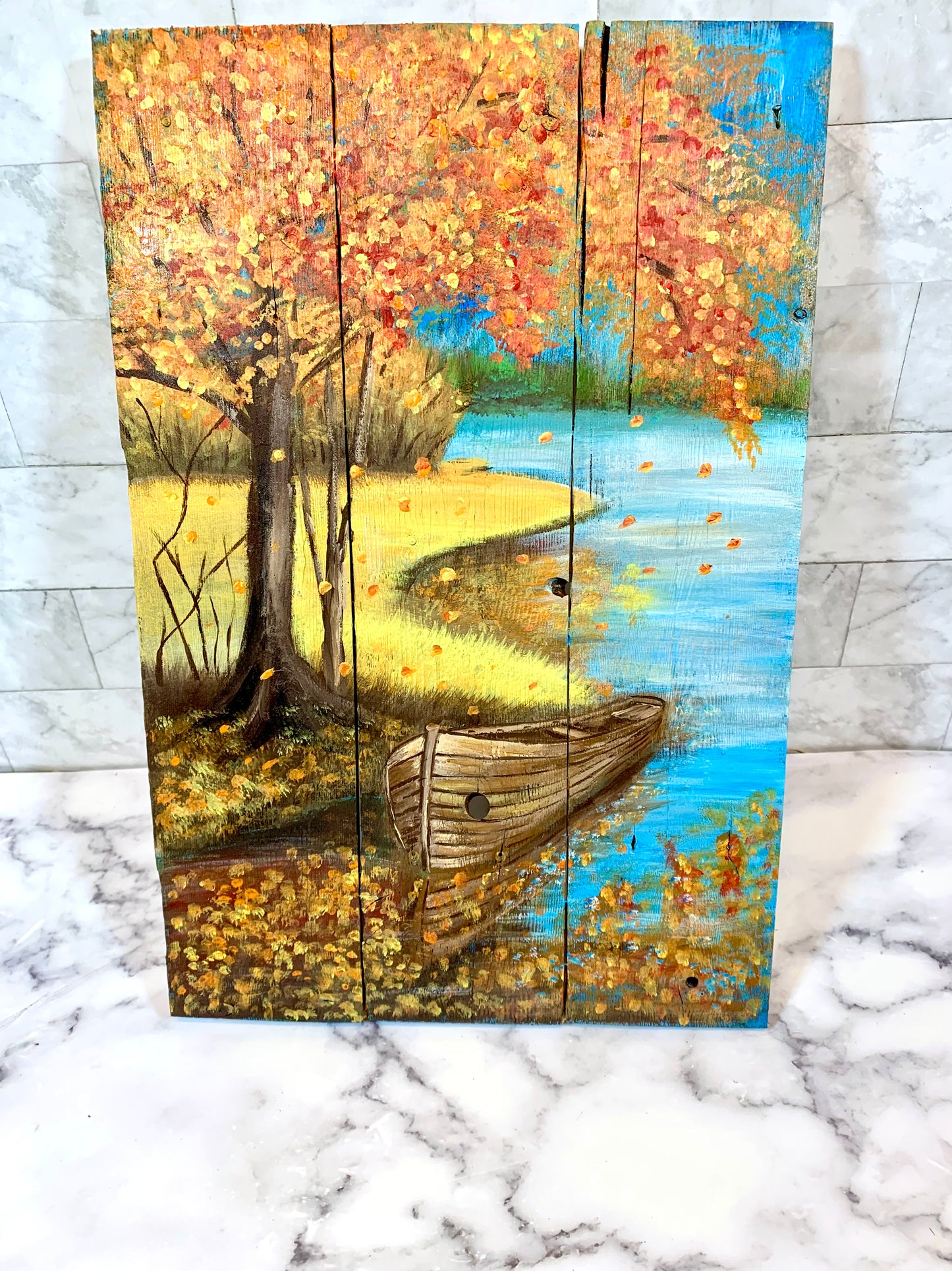 Autumn Boat Landscape Painted Wood Sign