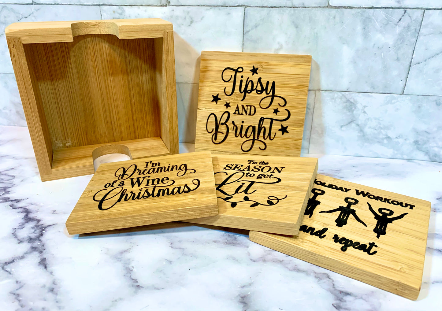 Christmas Wine Bamboo Coaster Set