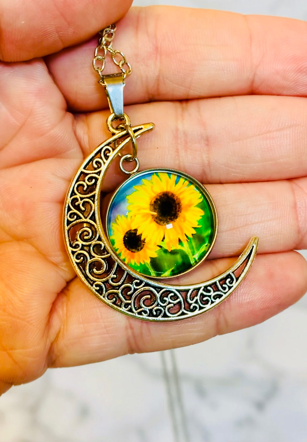 Sunflower Moon Necklace Pendant - MixMatched Creations