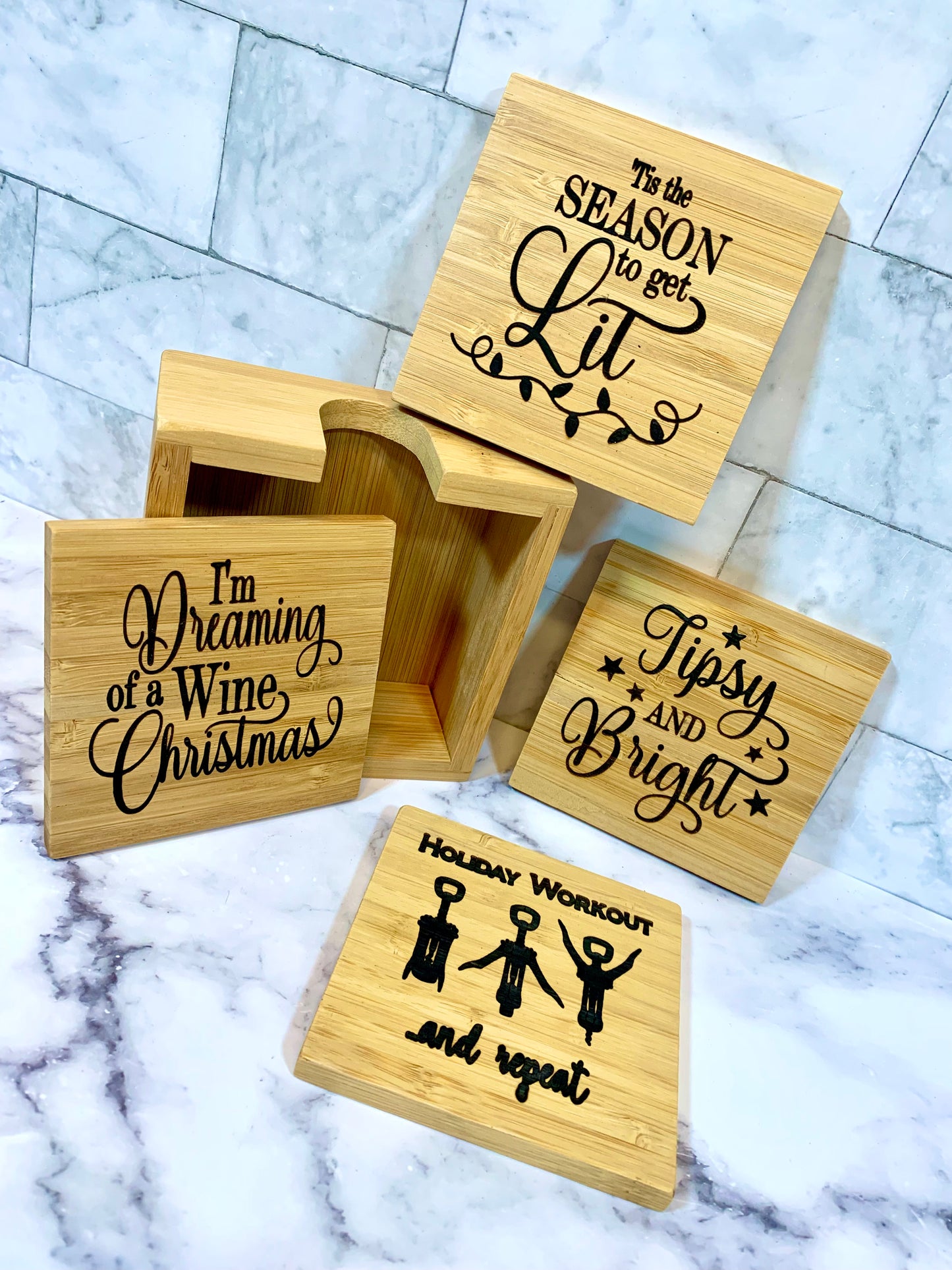 Christmas Wine Bamboo Coaster Set