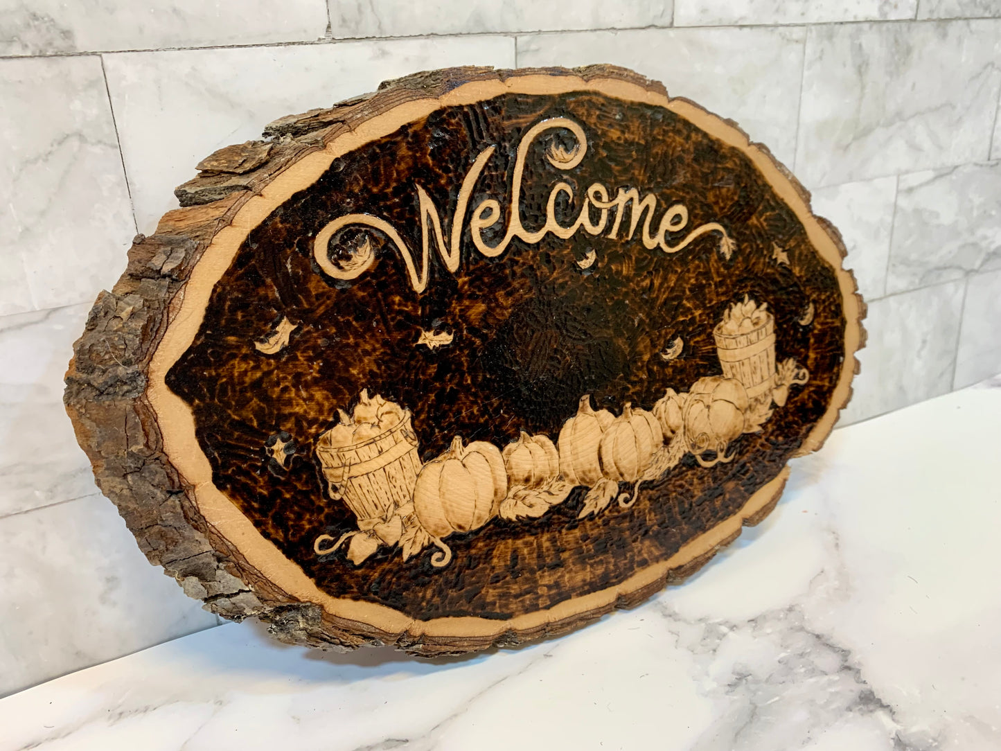 Welcome Autumn Pumpkin Live Edge Wood Sign - MixMatched Creations