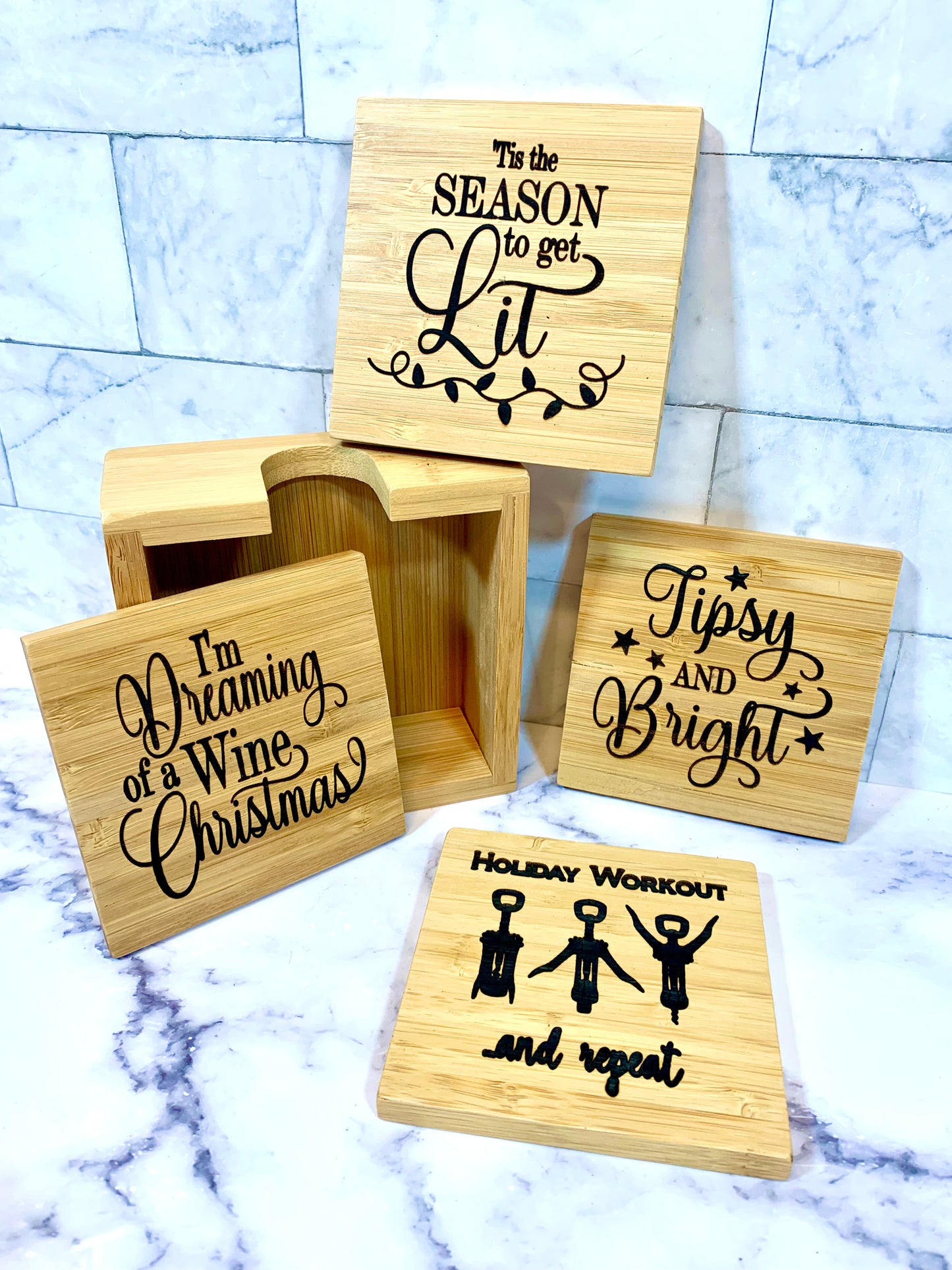 Christmas Wine Bamboo Coaster Set