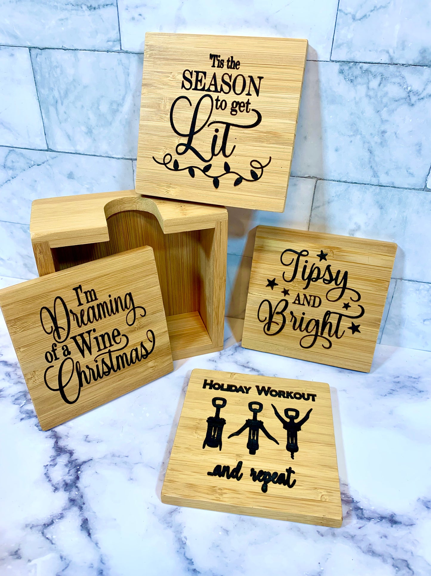 Christmas Wine Bamboo Coaster Set
