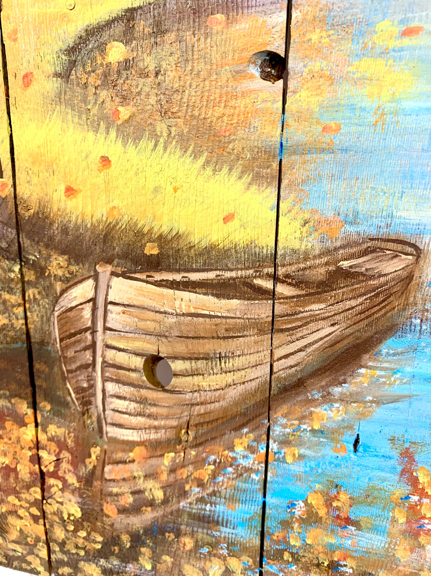 Autumn Boat Landscape Painted Wood Sign