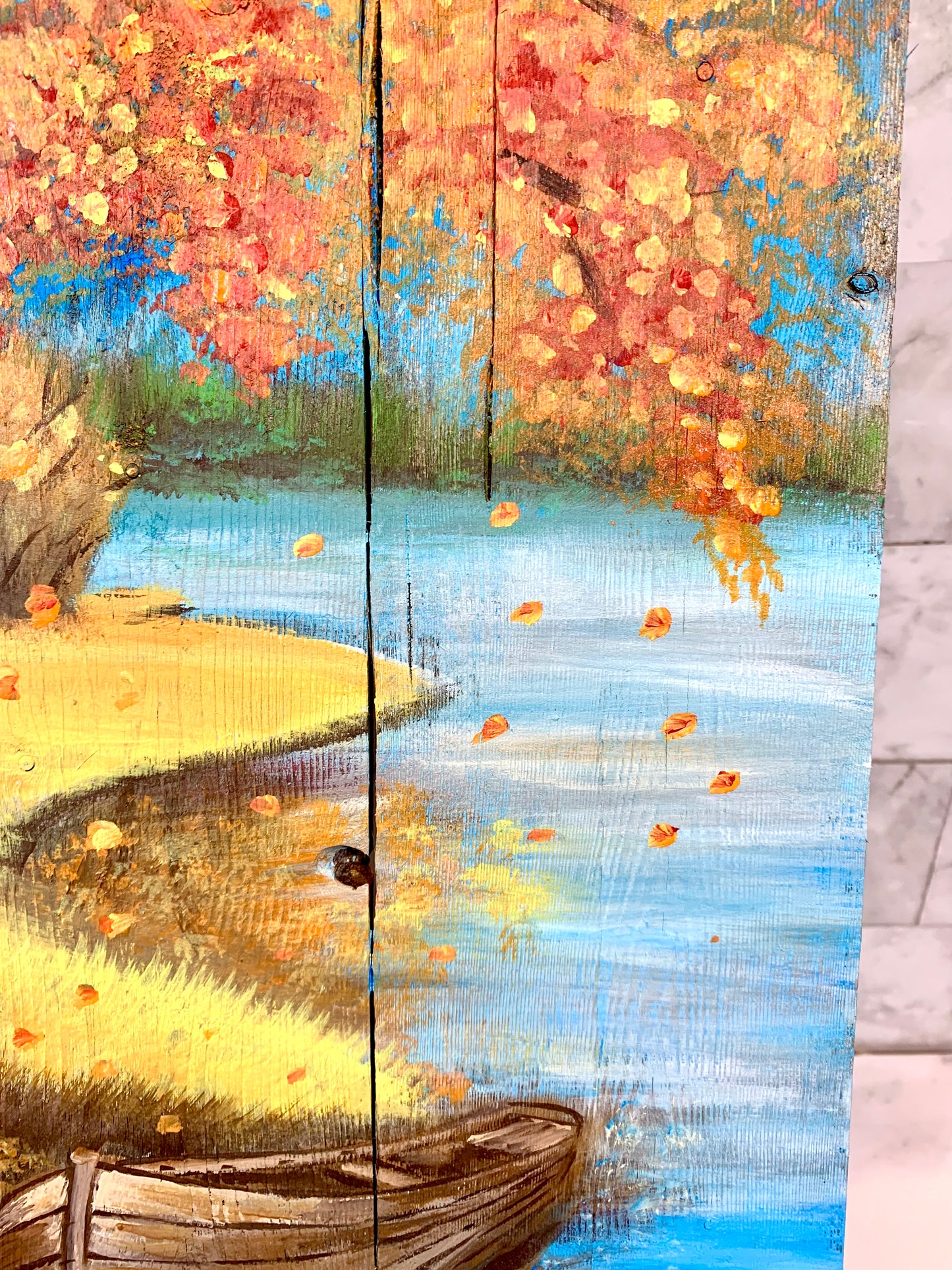 Autumn Boat Landscape Painted Wood Sign