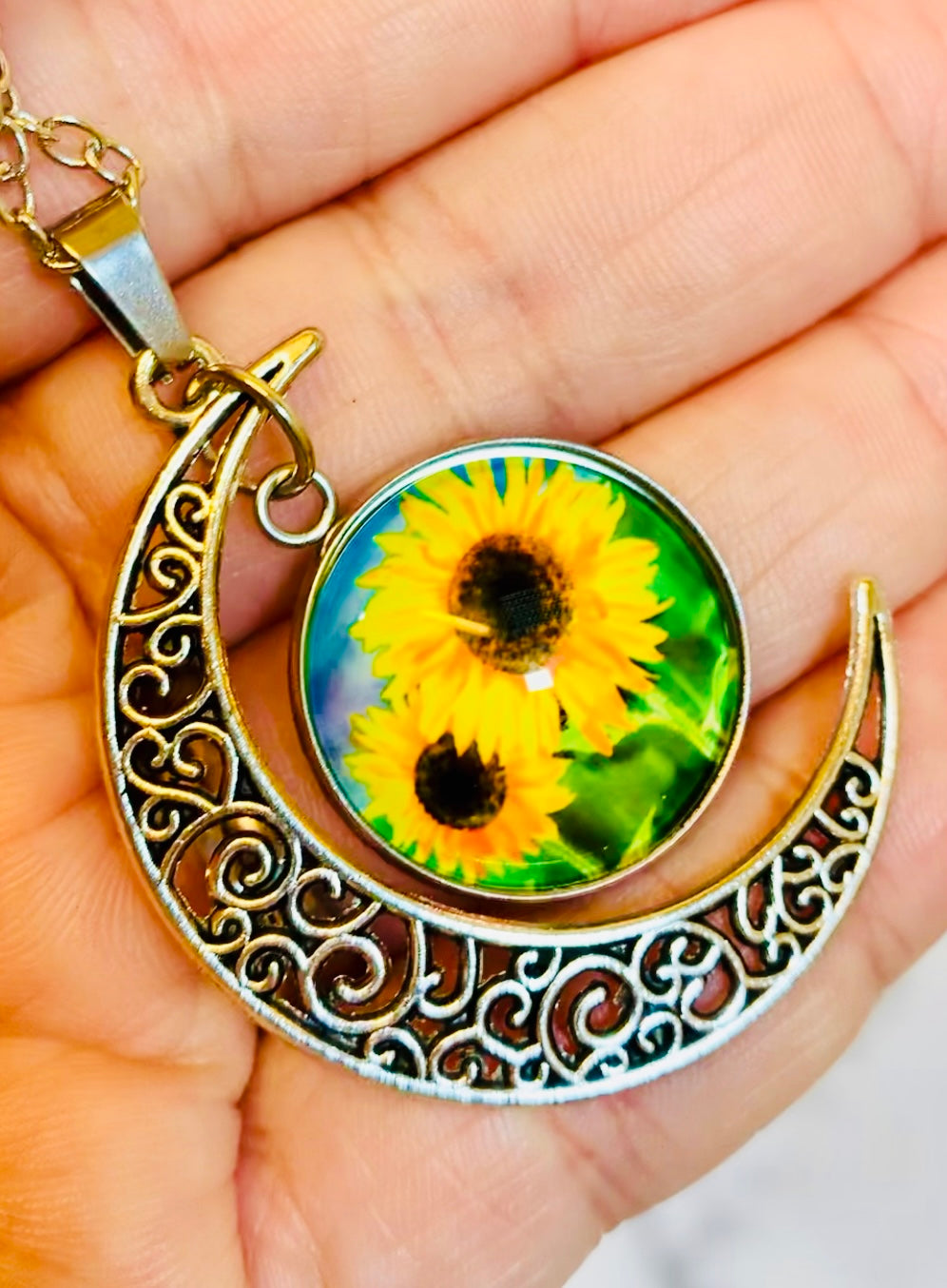 Sunflower Moon Necklace Pendant - MixMatched Creations