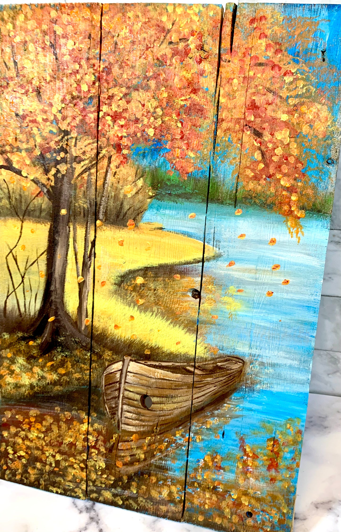 Autumn Boat Landscape Painted Wood Sign