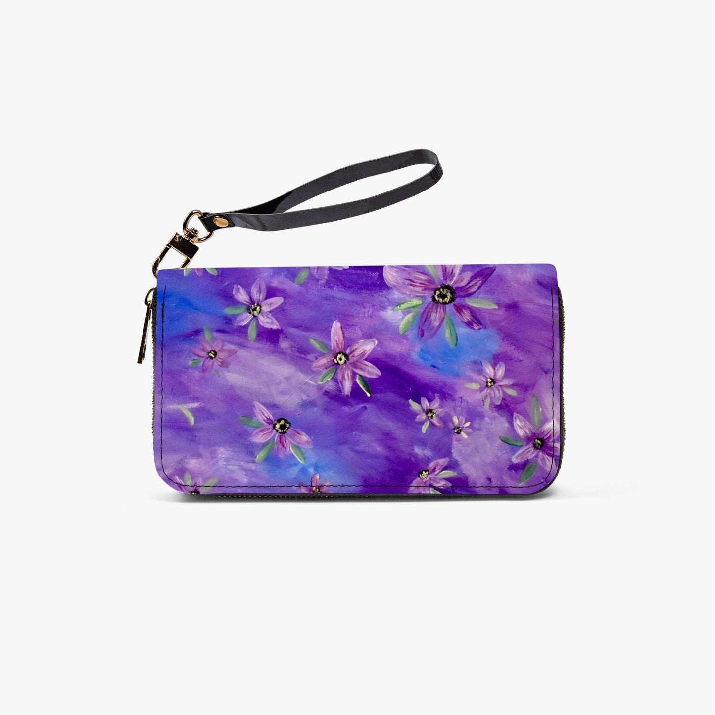 Purple Sunflower Leather Strap Zipper Wallet