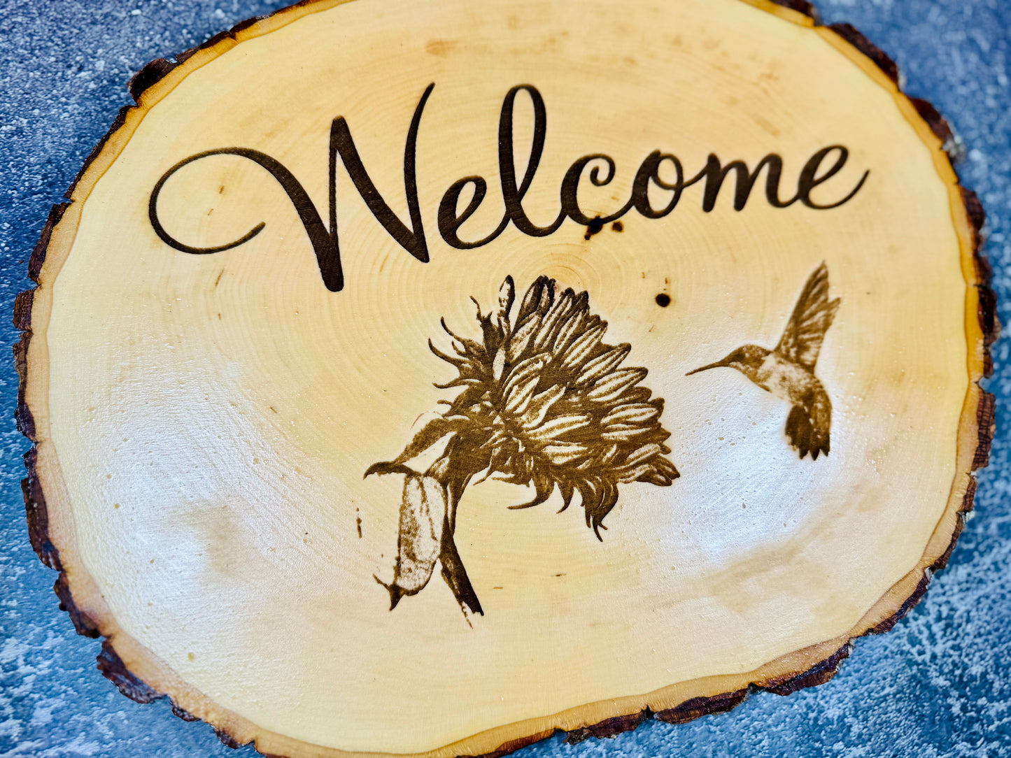 Welcome Hummingbird & Sunflower Live Edge Wood Sign 🌻