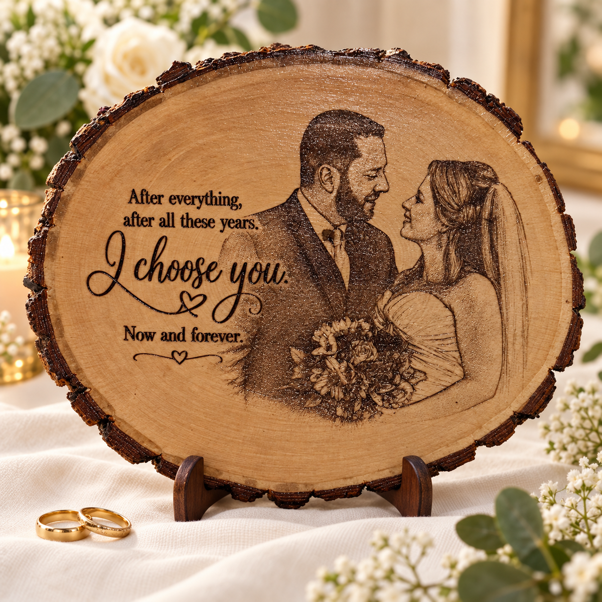 Personalized Couple Portrait on Live-Edge Wood | Custom Wedding & Anniversary Gift