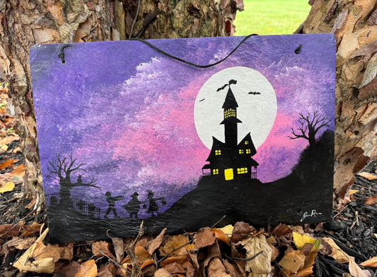 Haunted House Halloween Hand Painted Slate