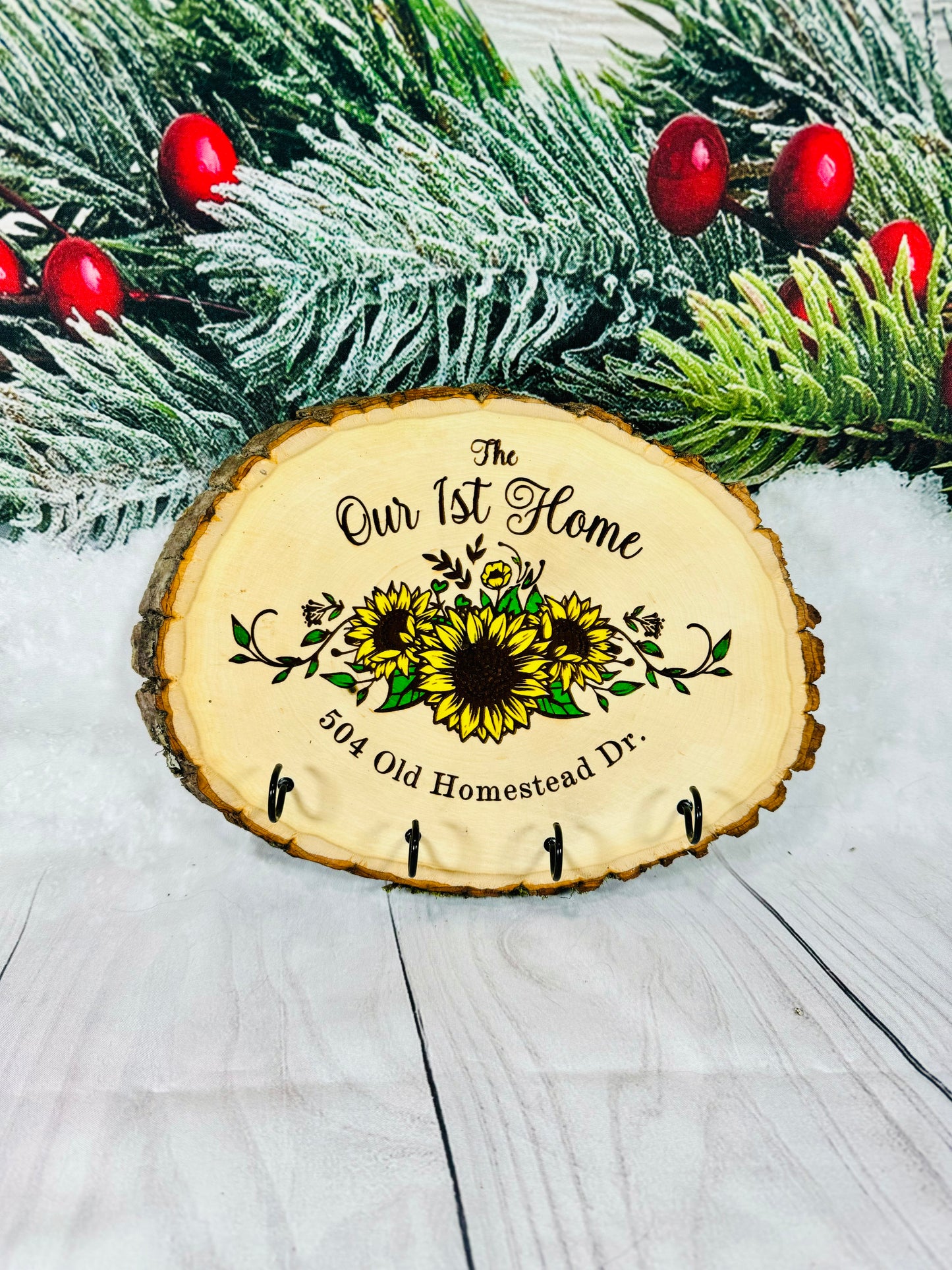 Our First Home Sunflower Key Hanger Live Edge Wooden Sign/Realtor Gifts/ Wedding Gifts