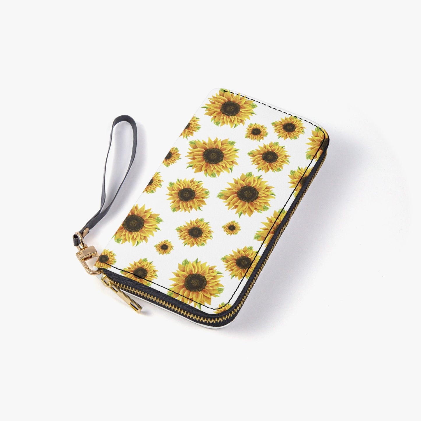 White Sunflower Leather Strap Zipper Wallet