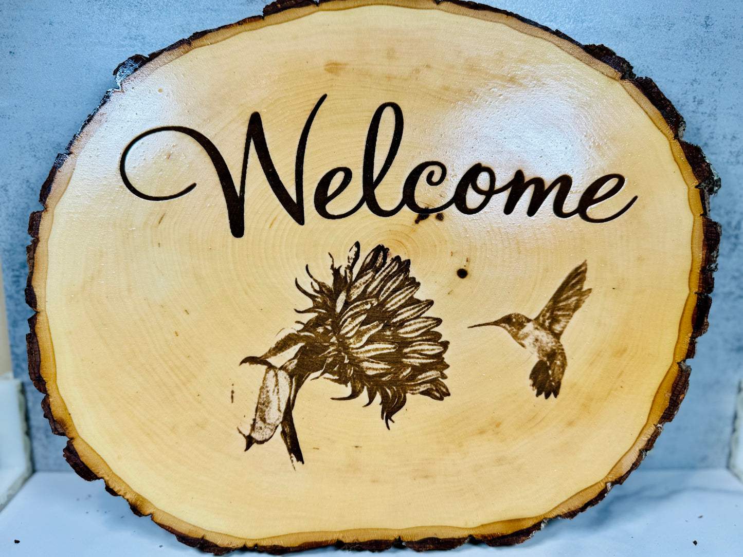 Welcome Hummingbird & Sunflower Live Edge Wood Sign 🌻