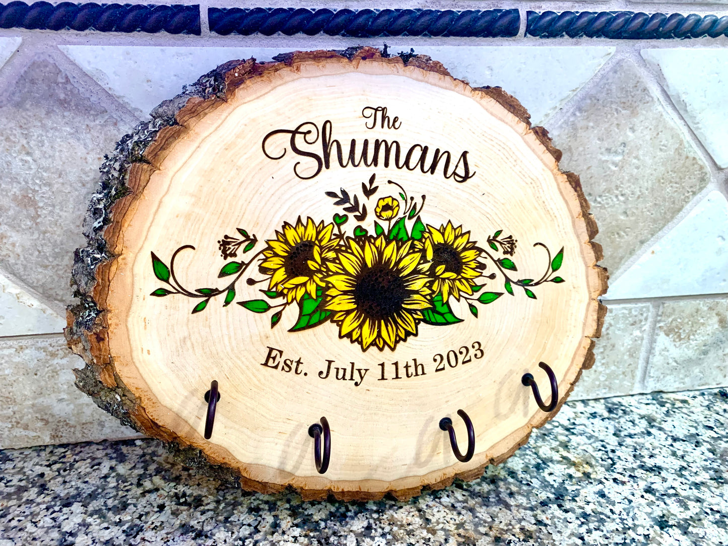 Personalized Sunflower Last Name Key Hanger Live Edge Wooden Sign/Realtor Gifts/ Wedding Gifts