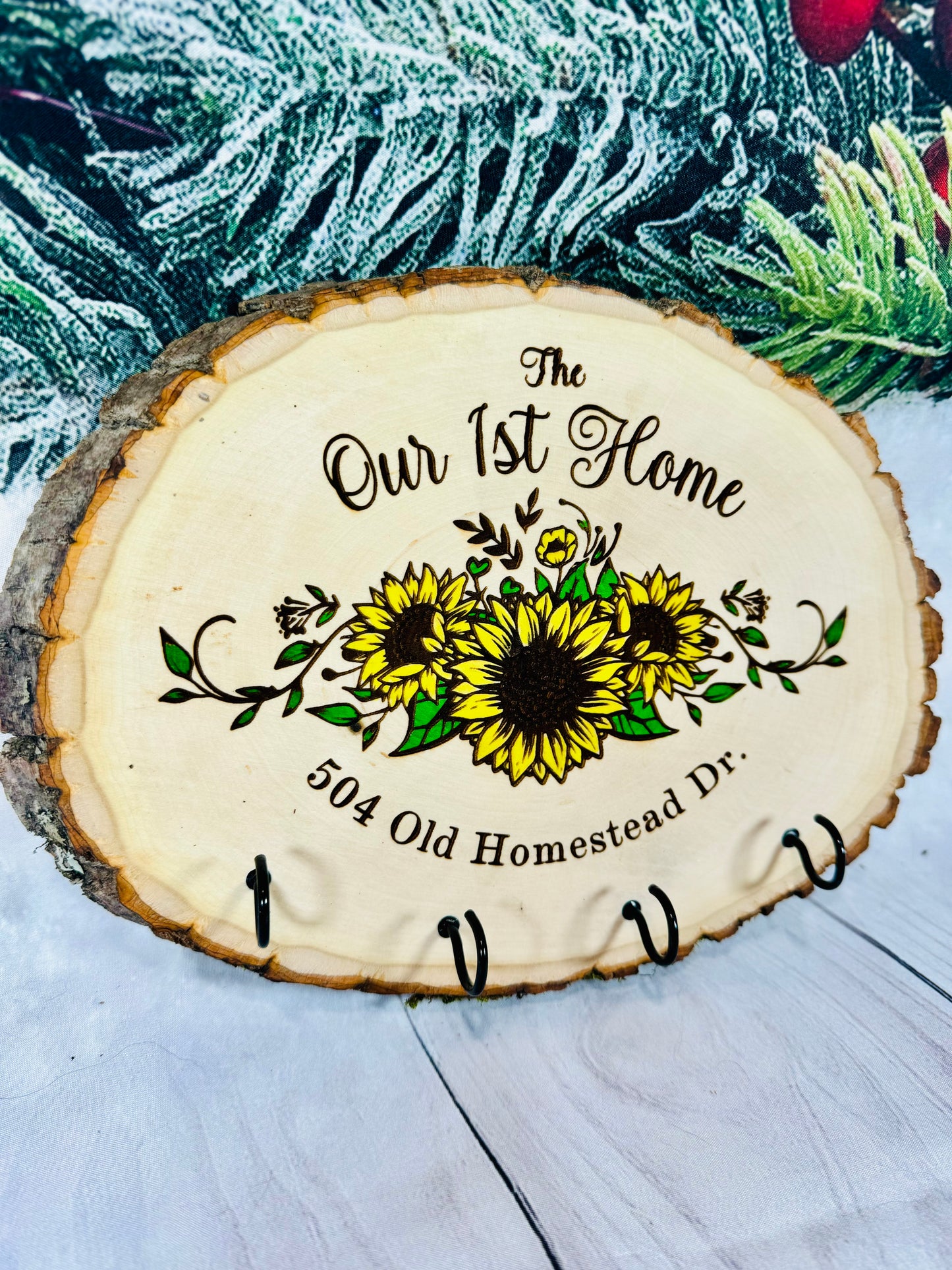 Our First Home Sunflower Key Hanger Live Edge Wooden Sign/Realtor Gifts/ Wedding Gifts