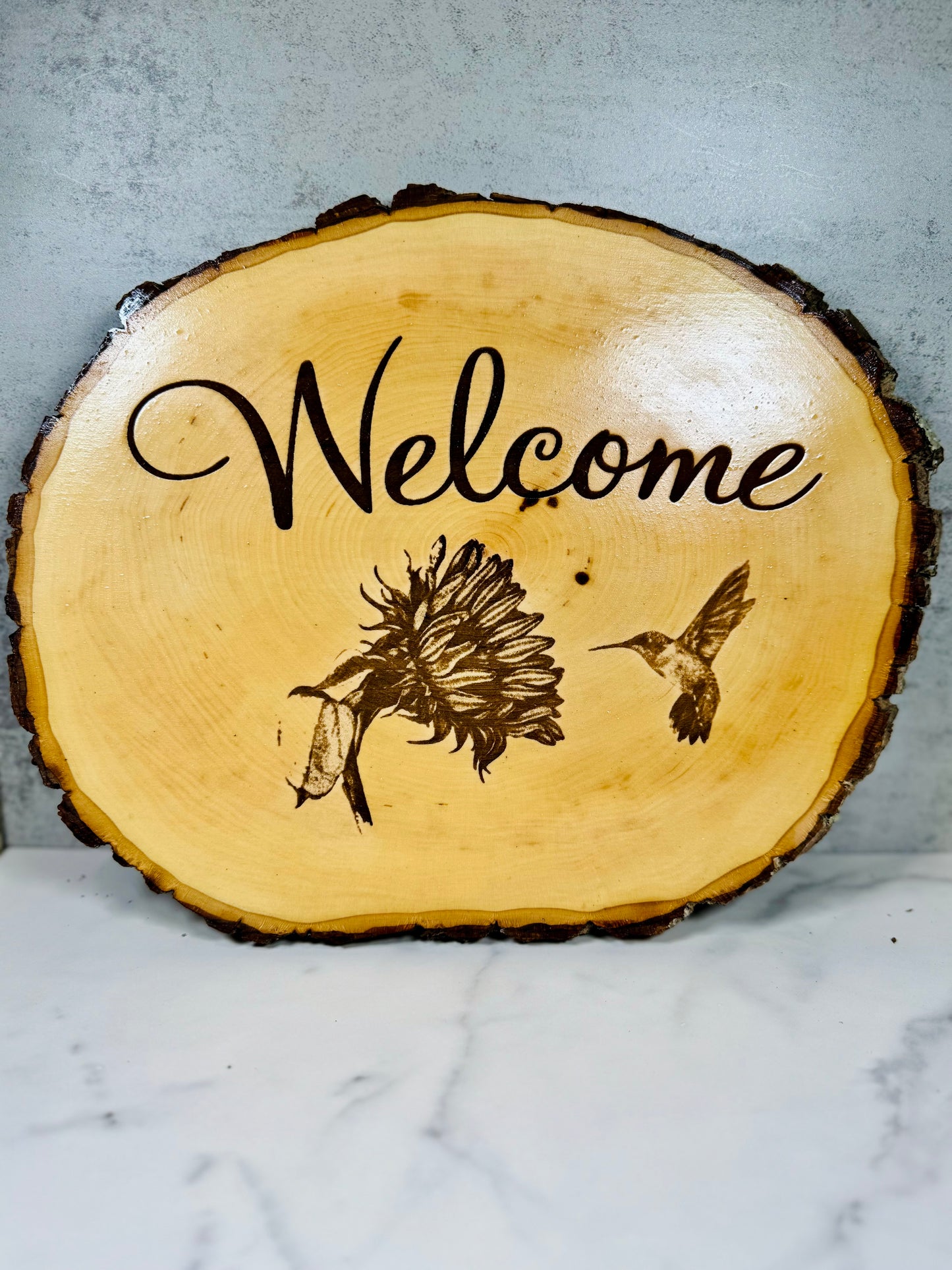 Welcome Hummingbird & Sunflower Live Edge Wood Sign 🌻