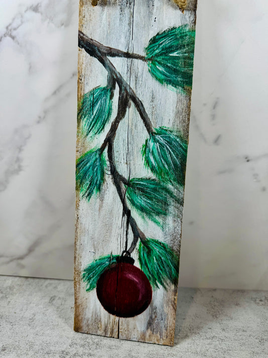 Rustic Christmas décor| Hand-painted wooden holiday sign| Farmhouse pine branch with red ornament wall art | lHandmade reclaimed wood Christmas decoration| Perfect holiday gift