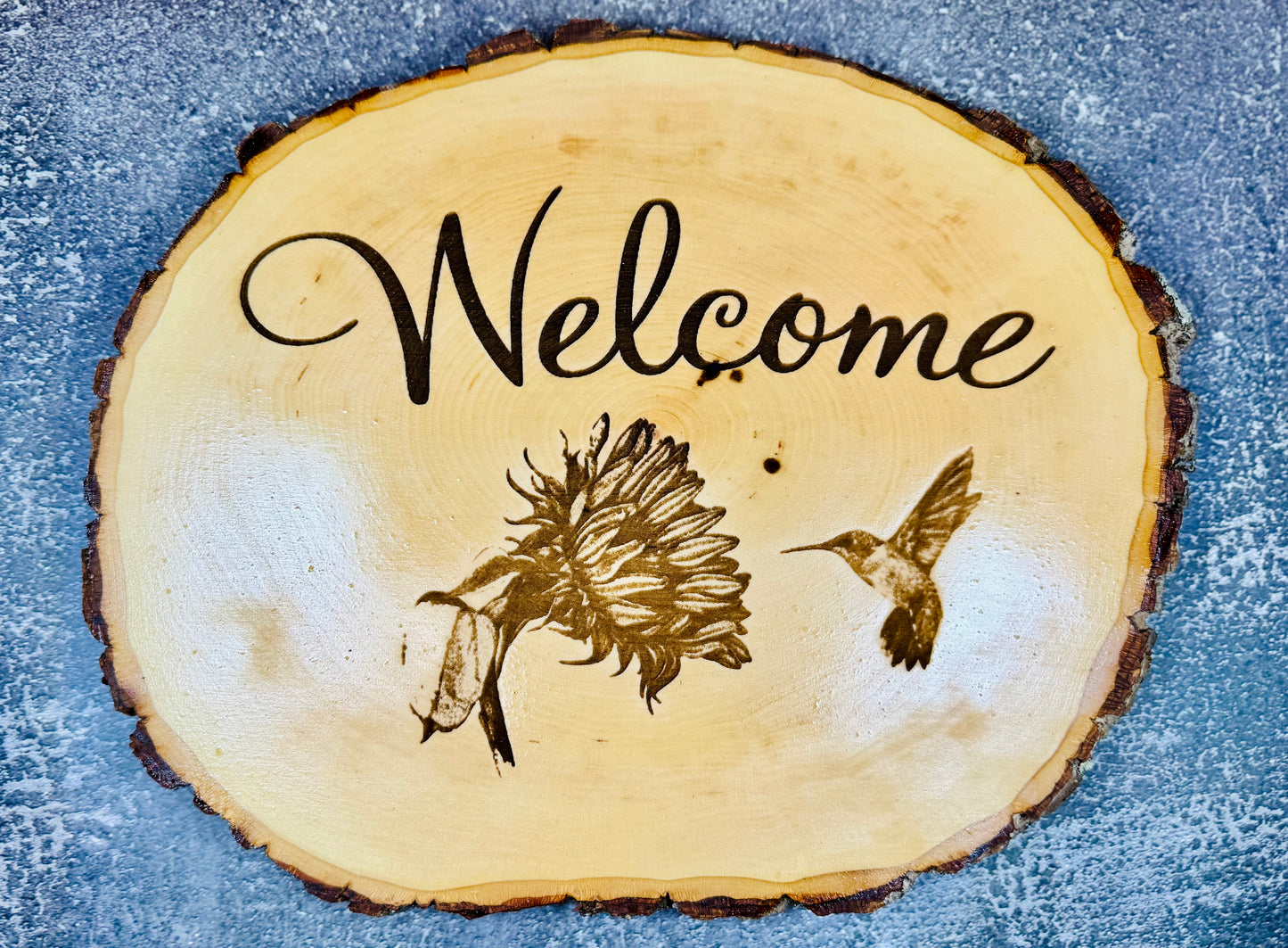 Welcome Hummingbird & Sunflower Live Edge Wood Sign 🌻