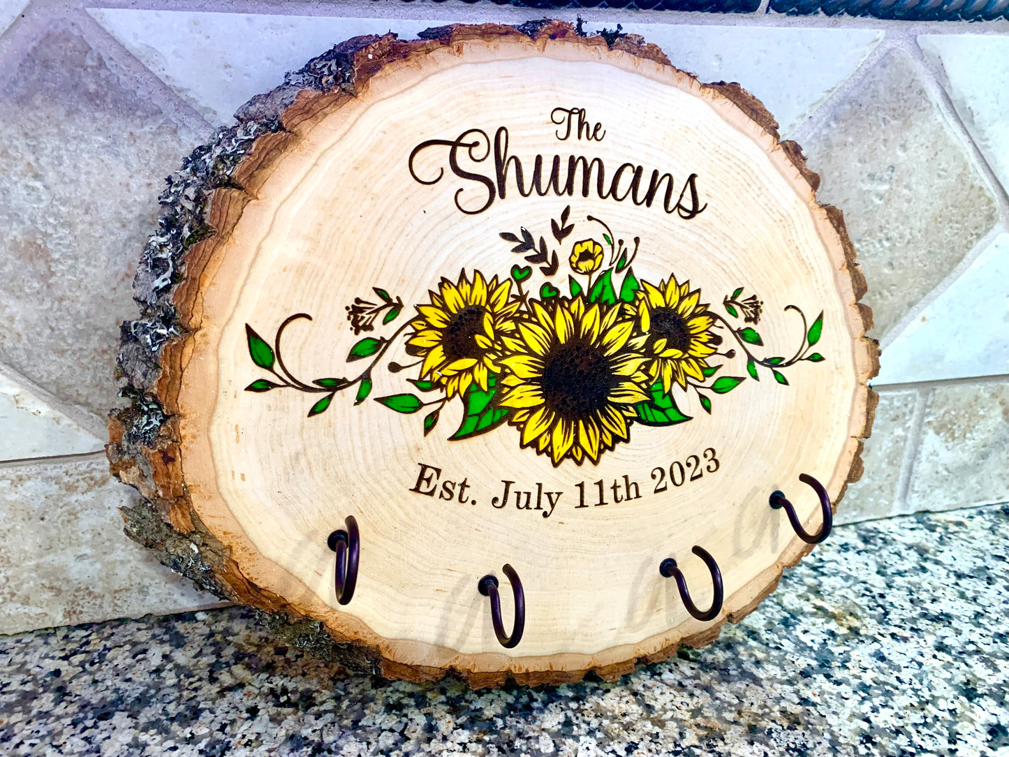 Personalized Sunflower Last Name Key Hanger Live Edge Wooden Sign/Realtor Gifts/ Wedding Gifts
