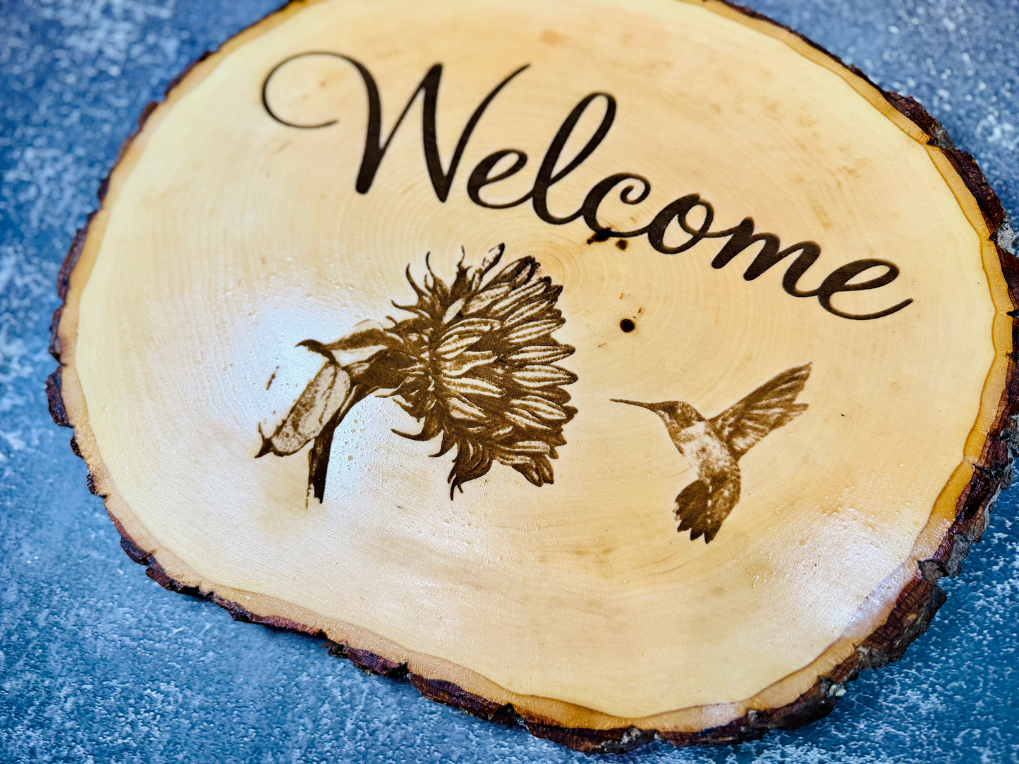 Welcome Hummingbird & Sunflower Live Edge Wood Sign 🌻